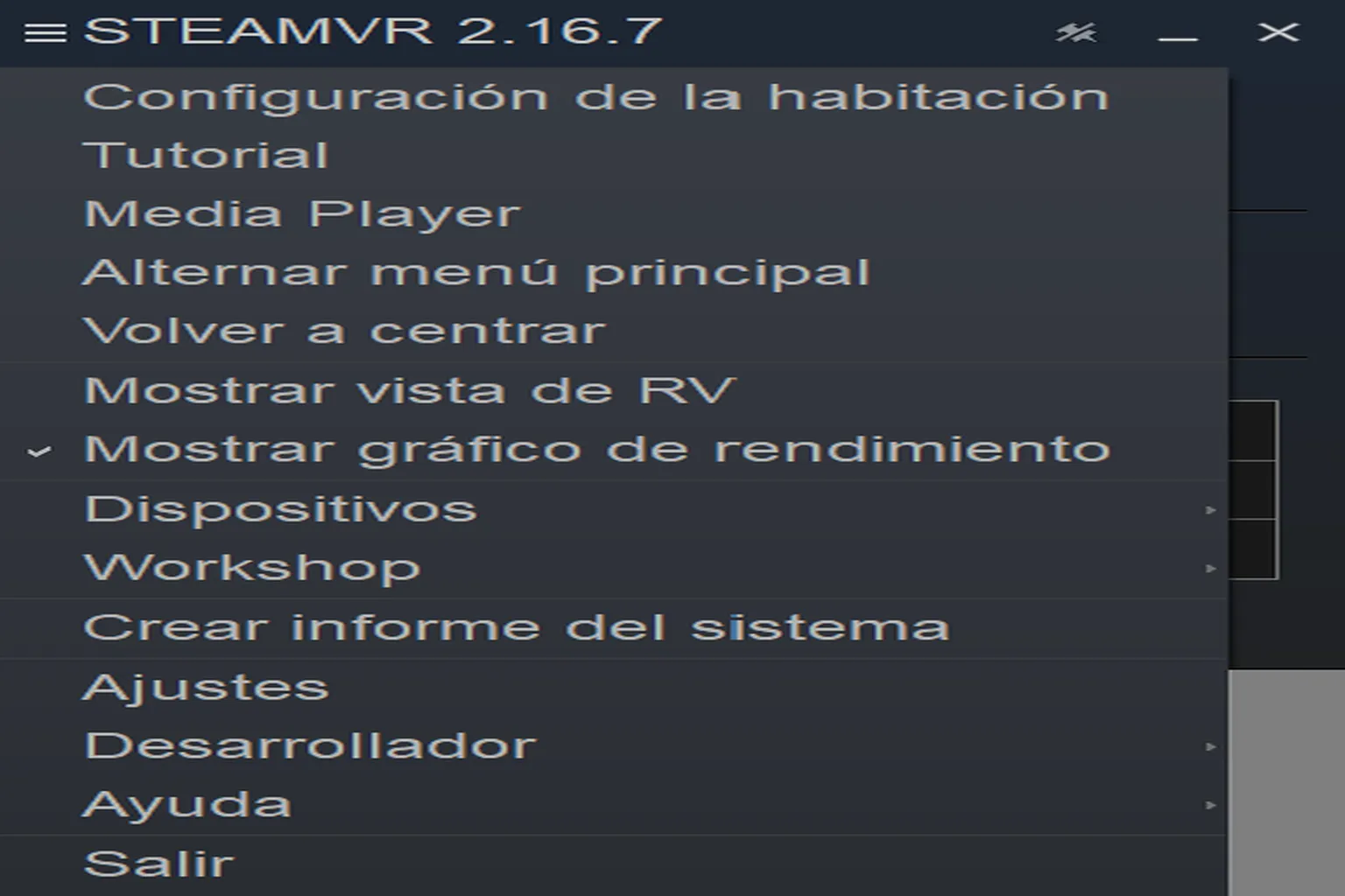 Menú principal con accesos a configuración de la habitación, tutorial, Media Player, dispositivos, Workshop y ajustes.