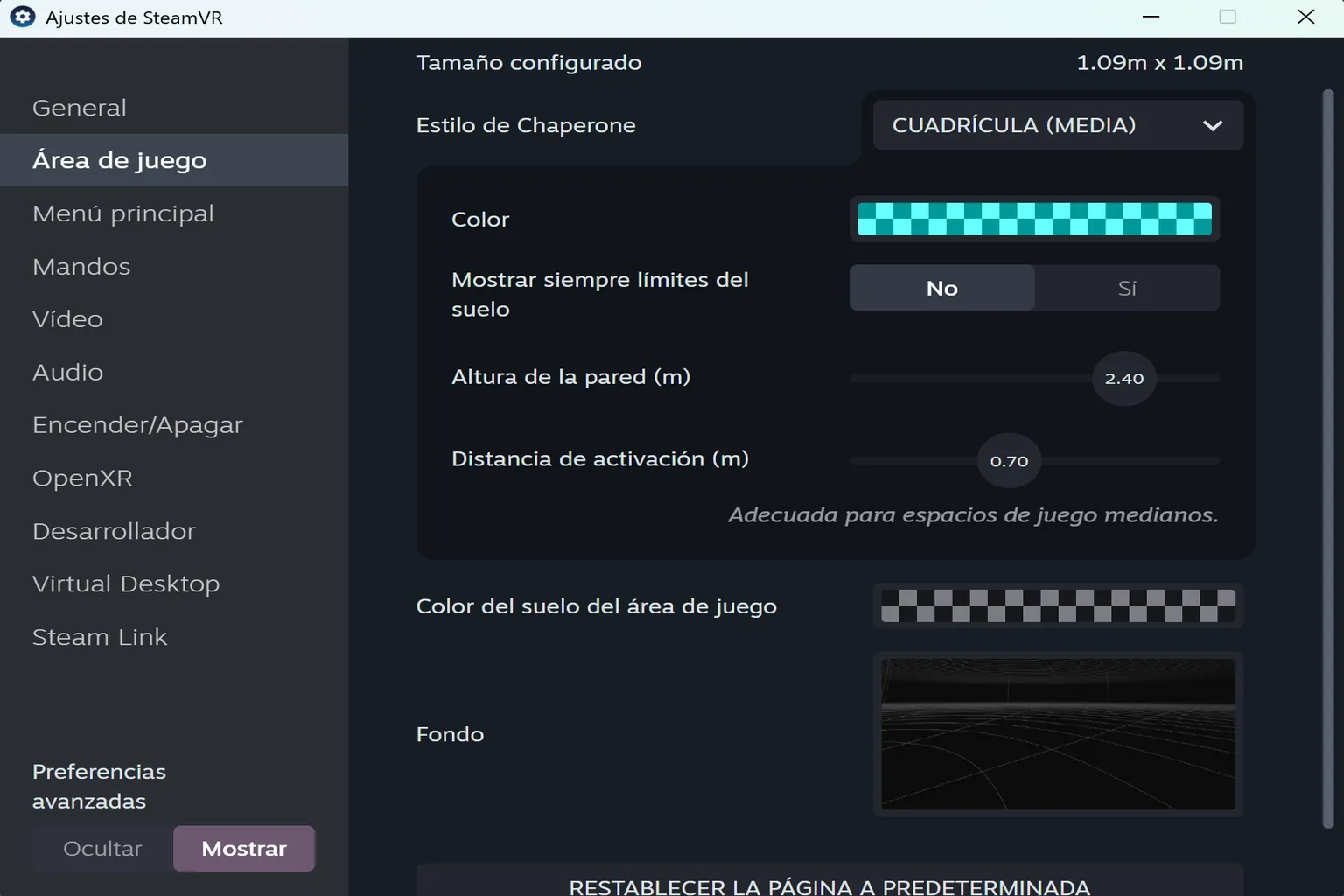 Ajustes del área de juego con tamaño configurado, estilo de Chaperone, color, altura de pared y distancia de activación.
