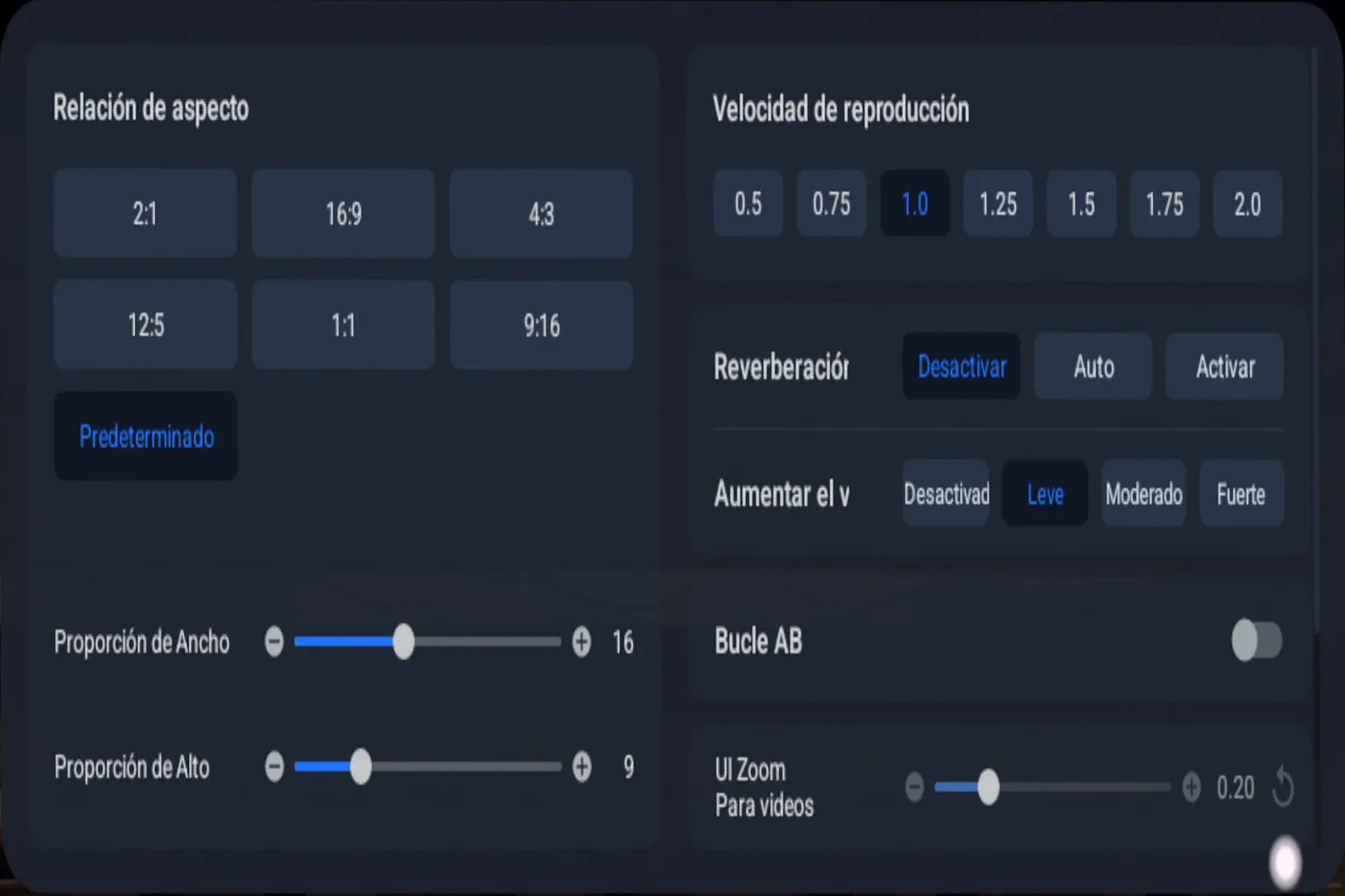 Ajustes de 4XVR Video Player para modificar la relación de aspecto, la velocidad de reproducción y otros parámetros de vídeo.