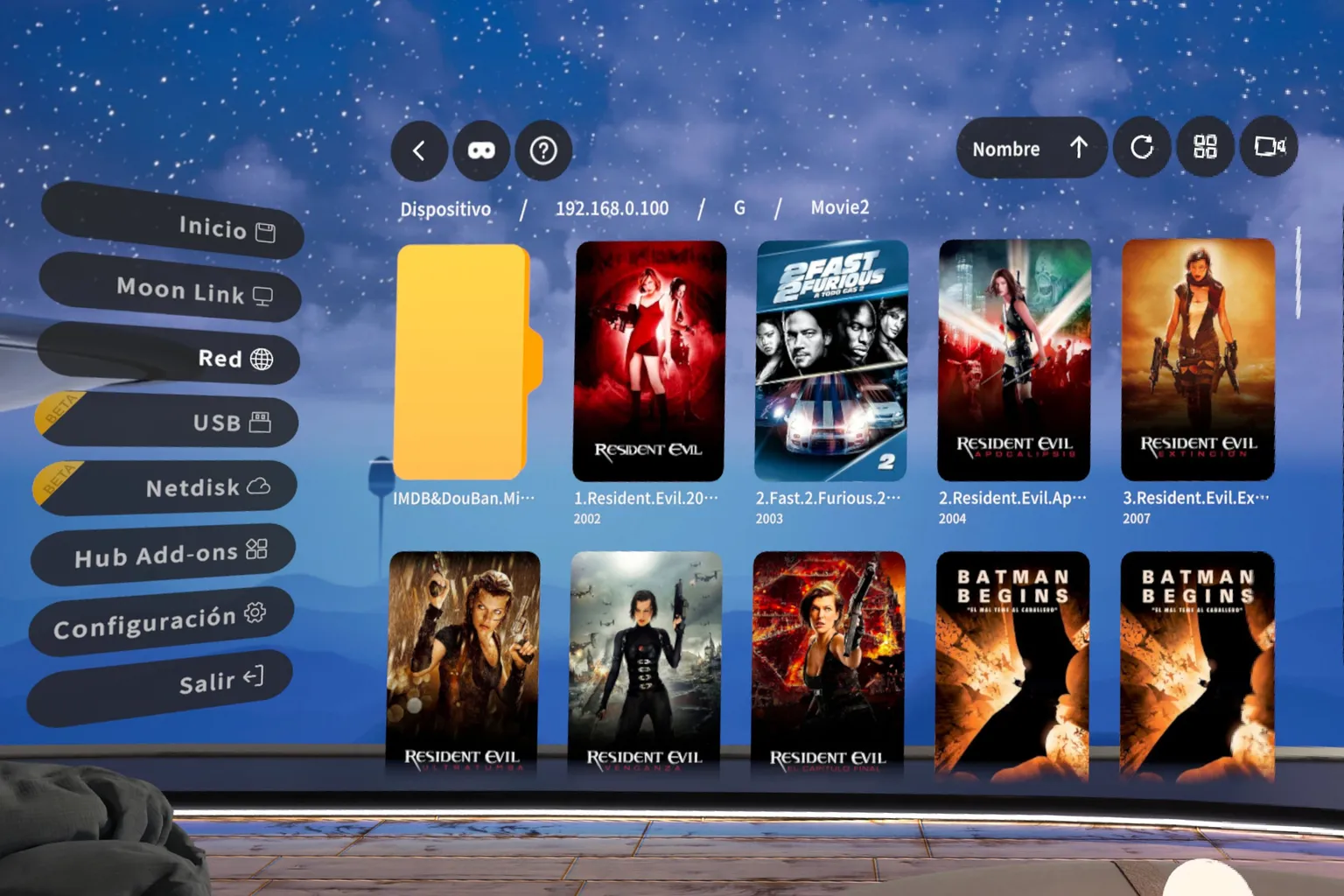 Menú principal de Moon VR Player con almacenamiento USB, red y biblioteca de videos.