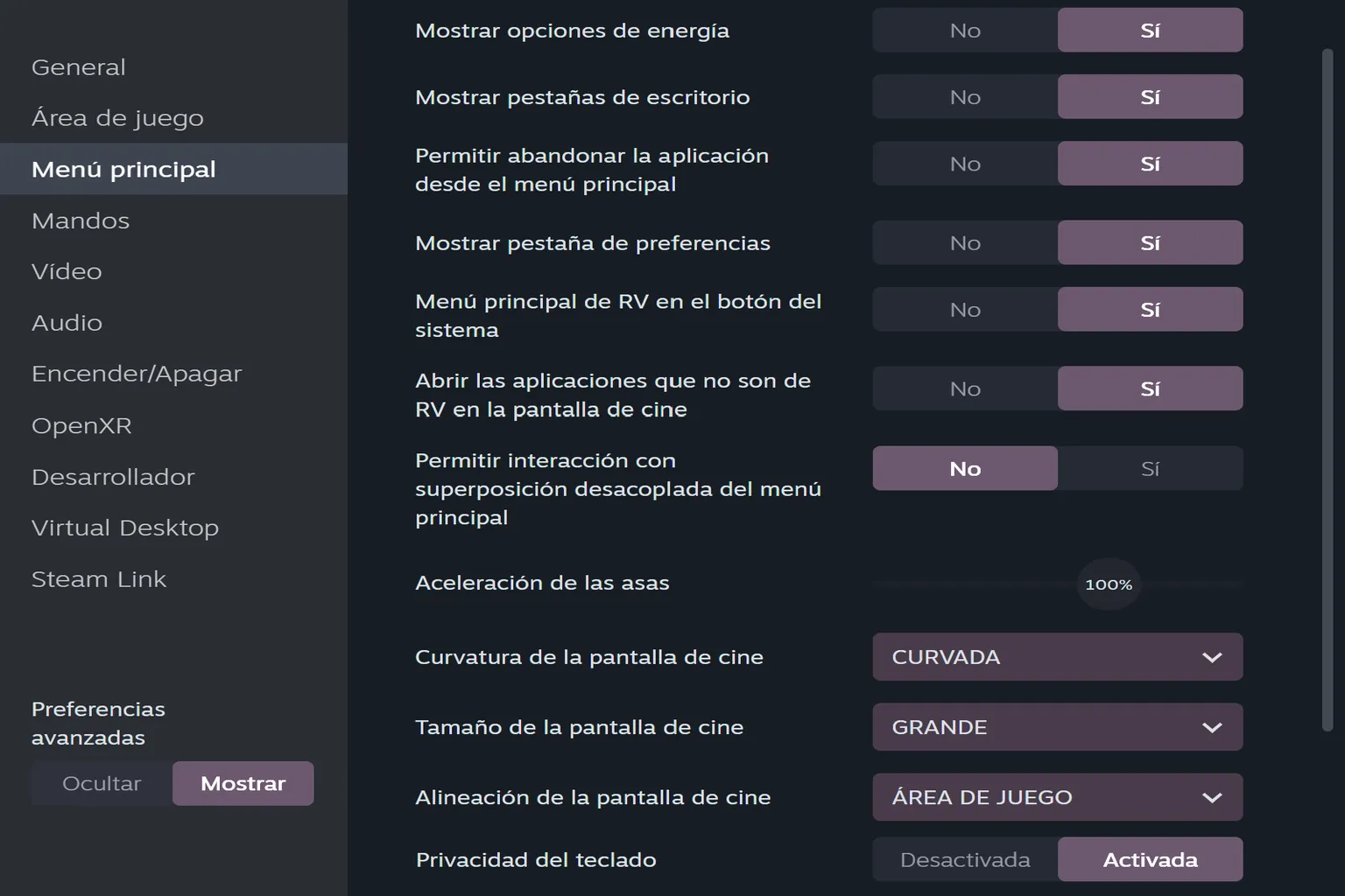 Opciones del menú principal para energía, escritorio, aplicaciones no VR, pantalla de cine y preferencias.