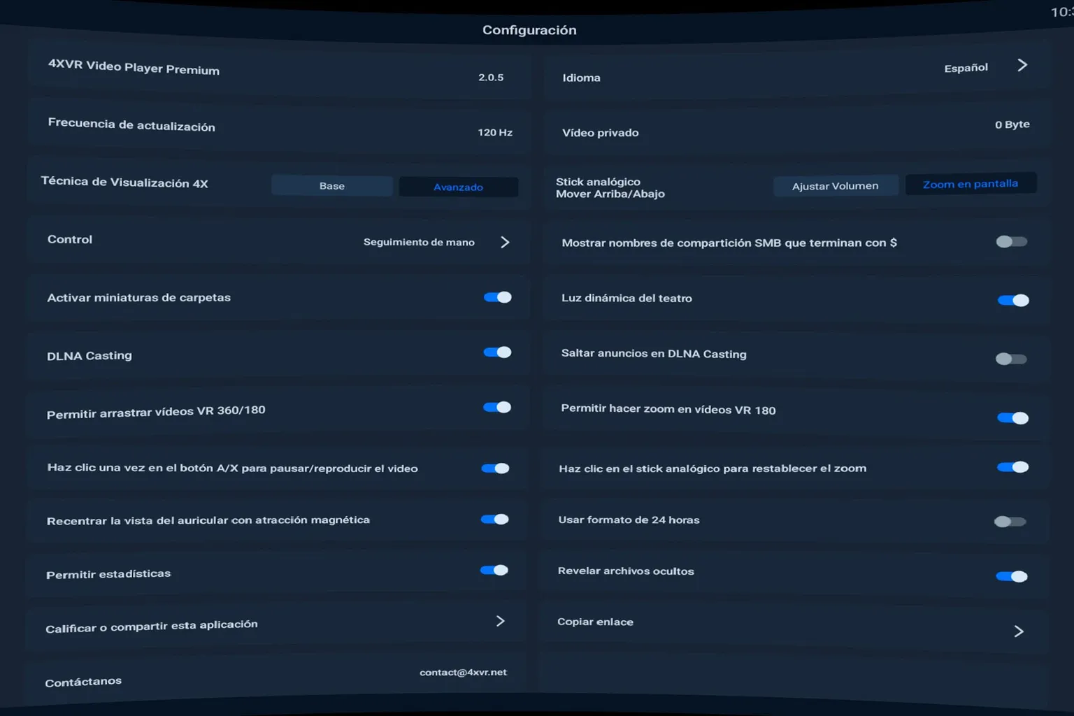 Pantalla de configuración general de 4XVR Video Player con opciones de frecuencia de actualización, control, idioma y reproducción.