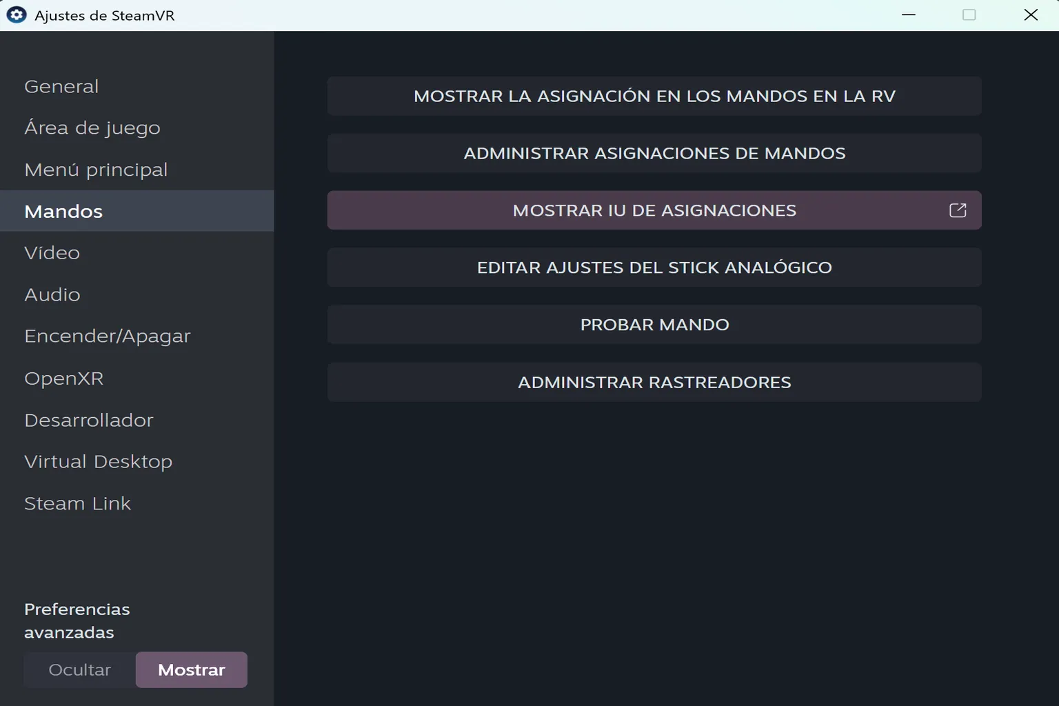 Ajustes de mandos con opciones para administrar asignaciones, editar el stick analógico, probar el mando y gestionar rastreadores.