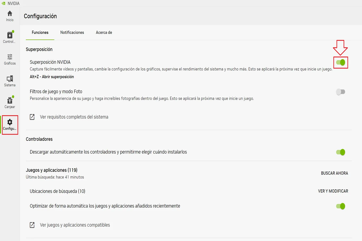 Configuración de NVIDIA con la superposición de NVIDIA activada