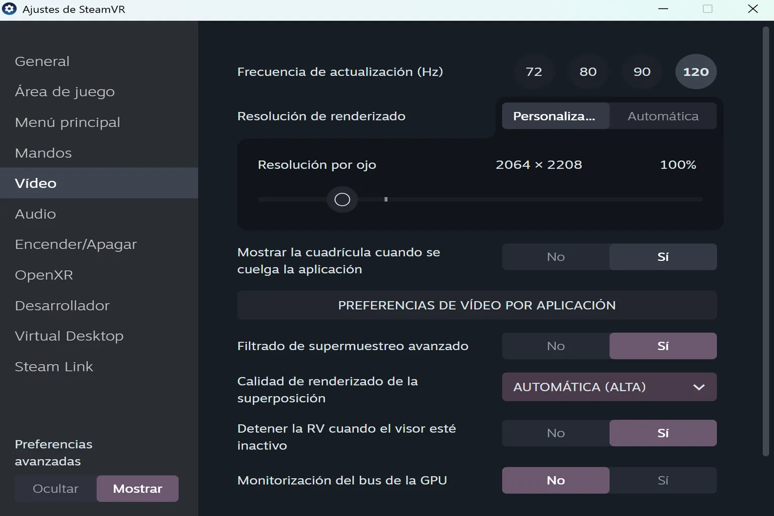 Ajustes de vídeo con frecuencia de actualización, resolución por ojo, supermuestreo y calidad de renderizado.