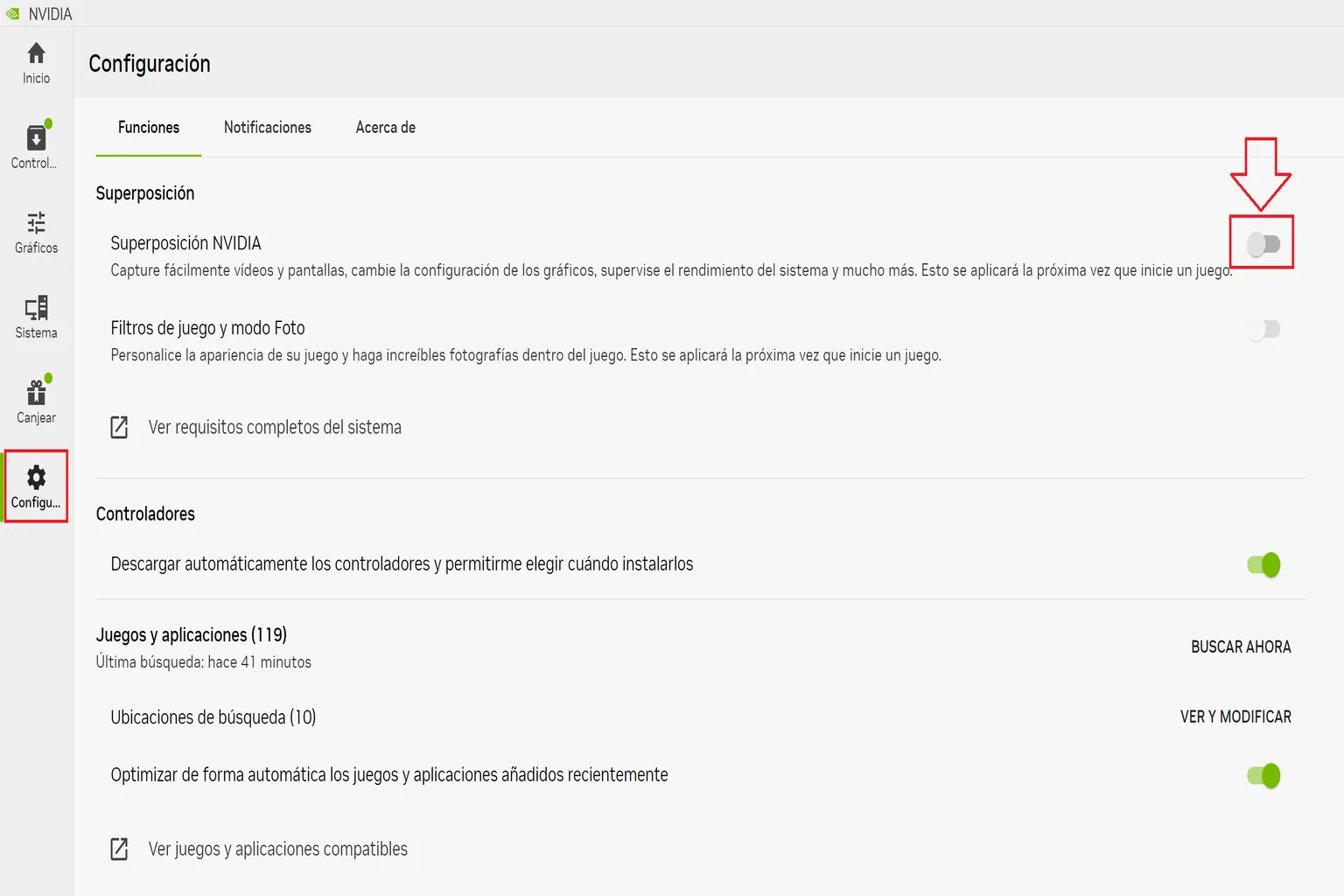 Configuración de NVIDIA con la superposición de NVIDIA desactivada