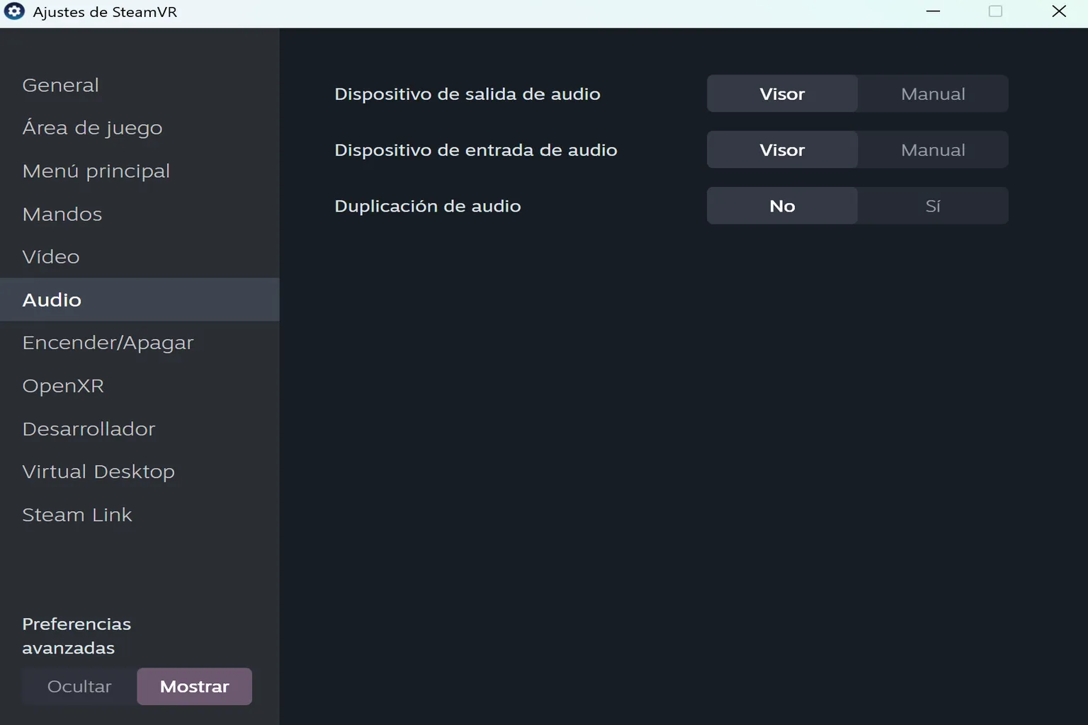 Configuración de audio para seleccionar los dispositivos de entrada y salida y activar la duplicación de sonido.