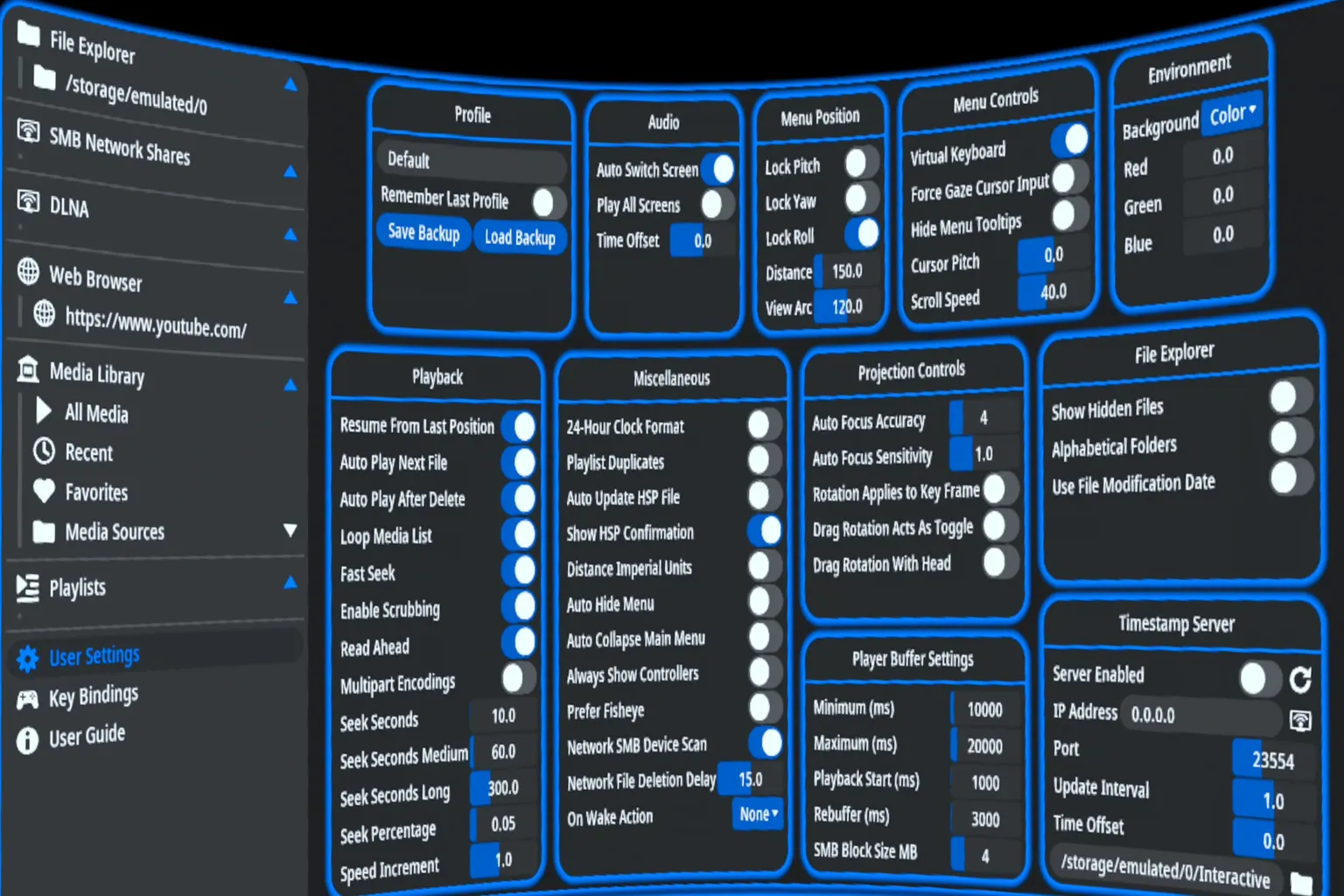 Panel de configuración de HereSphere VR Video Player con opciones de reproducción y entorno.