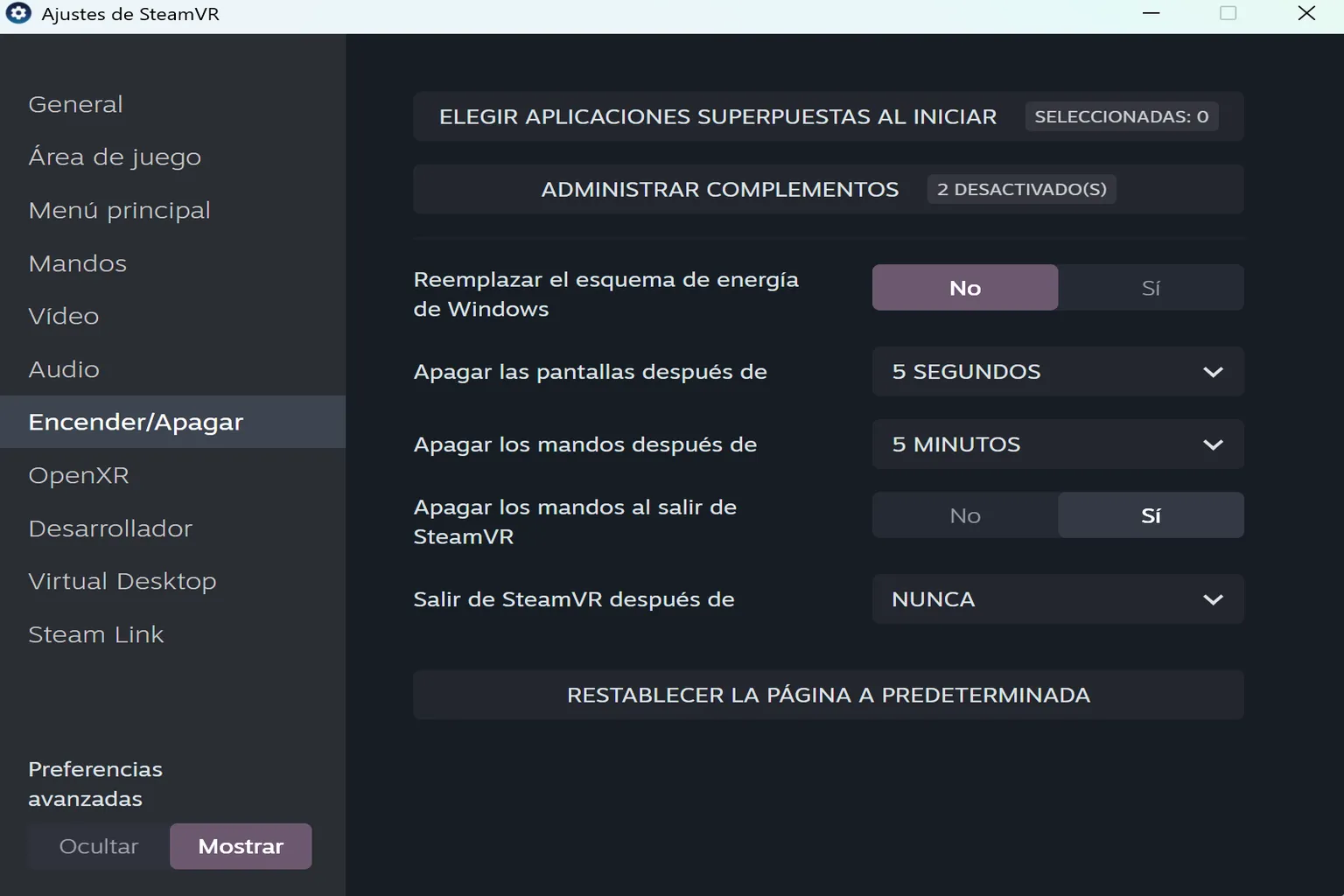 Opciones de encendido y apagado para pantallas, mandos, complementos y cierre automático del sistema VR.