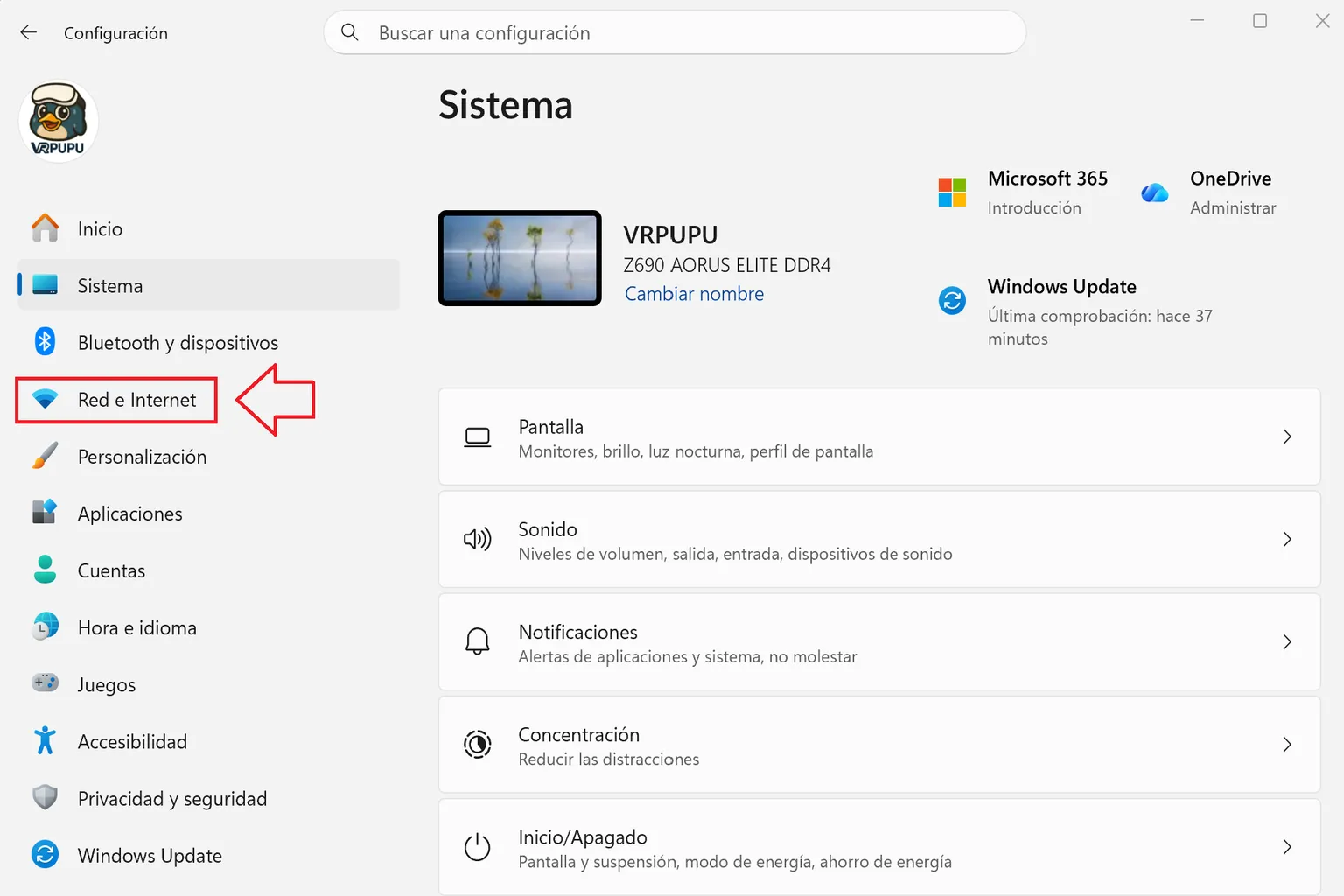 Configuración de Windows 11 con la opción Red e Internet resaltada