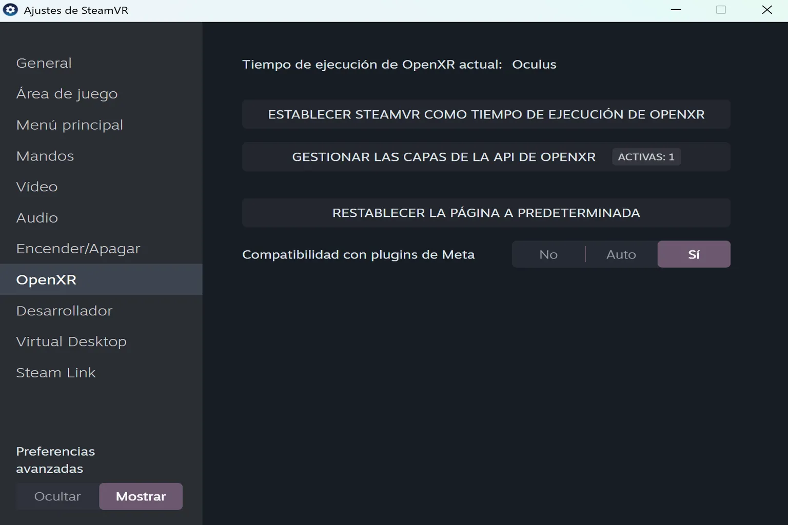 Configuración de OpenXR con el tiempo de ejecución actual, gestión de capas y compatibilidad con plugins de Meta.