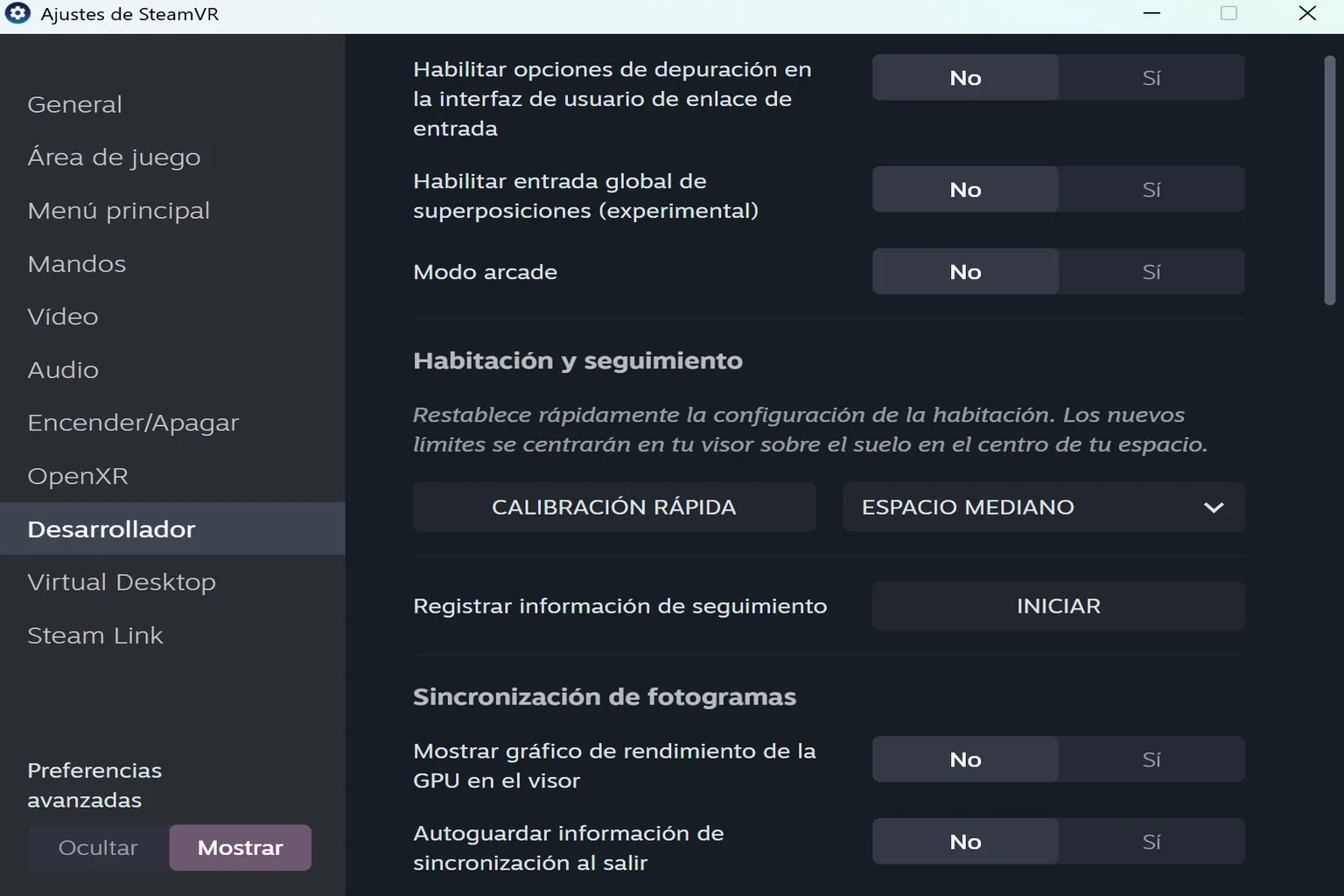 Opciones de desarrollador para depuración, calibración rápida de la habitación y registro de información de seguimiento.