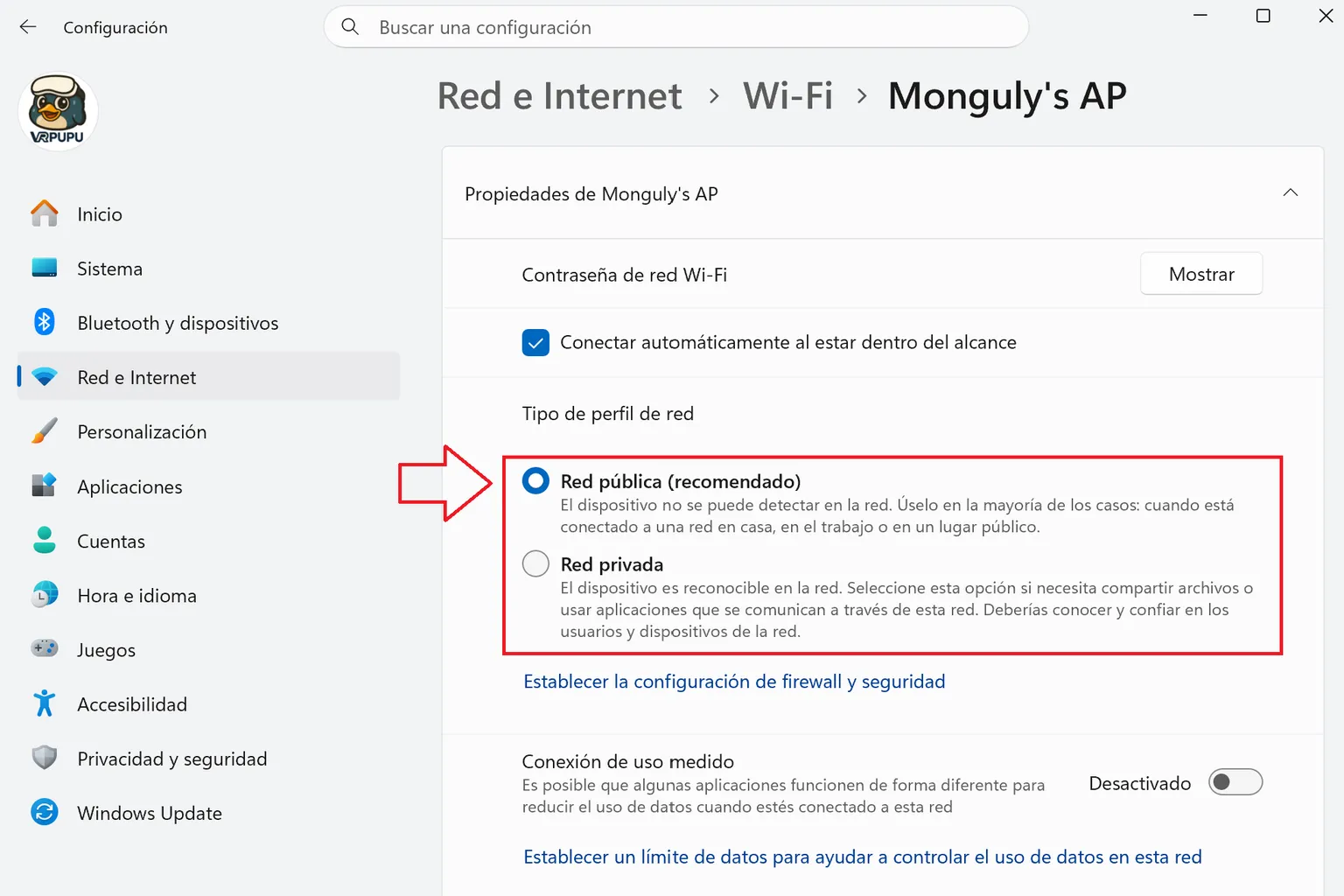 Windows 11 con el perfil de red Wi-Fi configurado como red pública