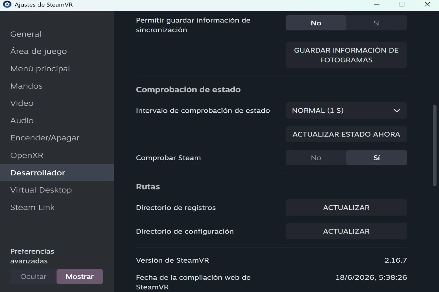 Panel de desarrollador con comprobación de estado, rutas de registros, directorio de configuración y versión instalada.