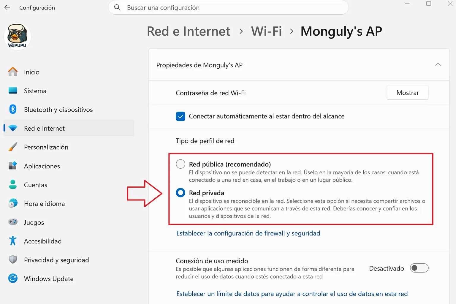 Windows 11 con el perfil de red Wi-Fi cambiado a red privada