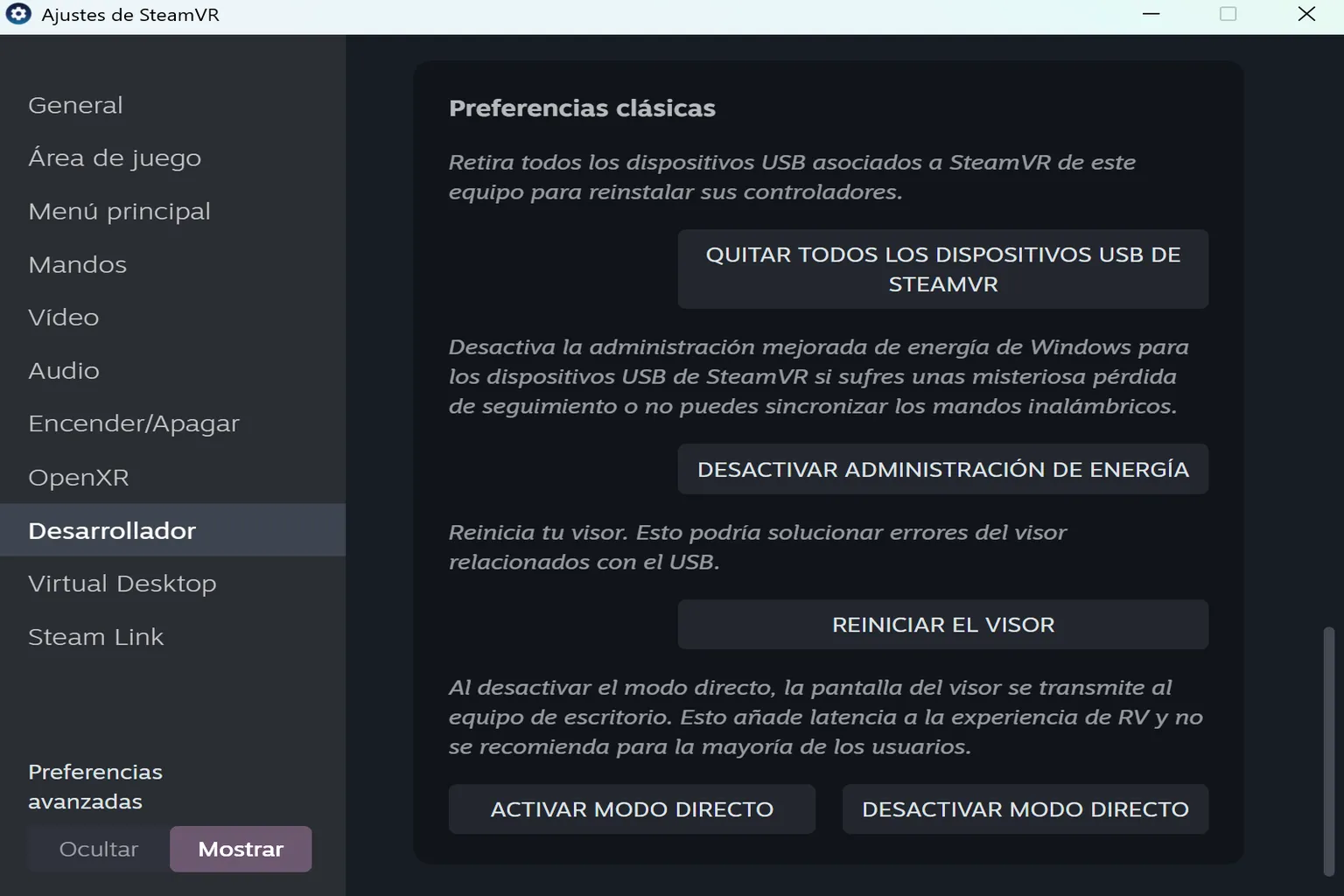 Preferencias clásicas de desarrollador para dispositivos USB, administración de energía, reinicio del visor y modo directo.