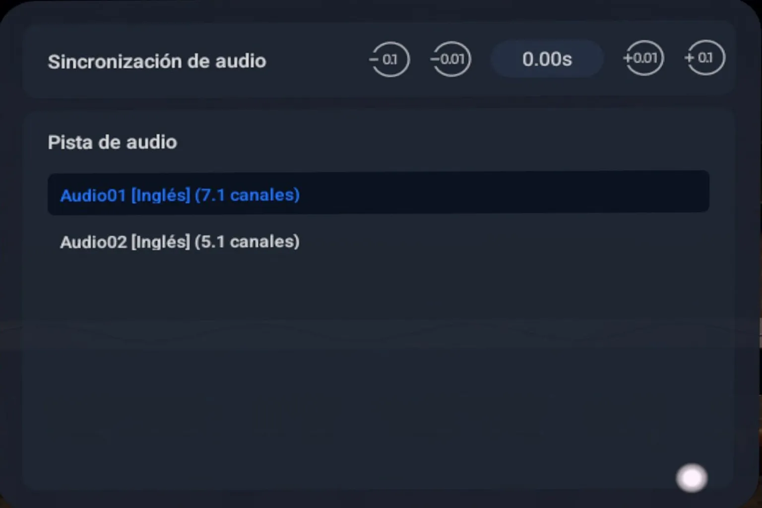 Menú de 4XVR Video Player para seleccionar pistas de audio y ajustar la sincronización del sonido.