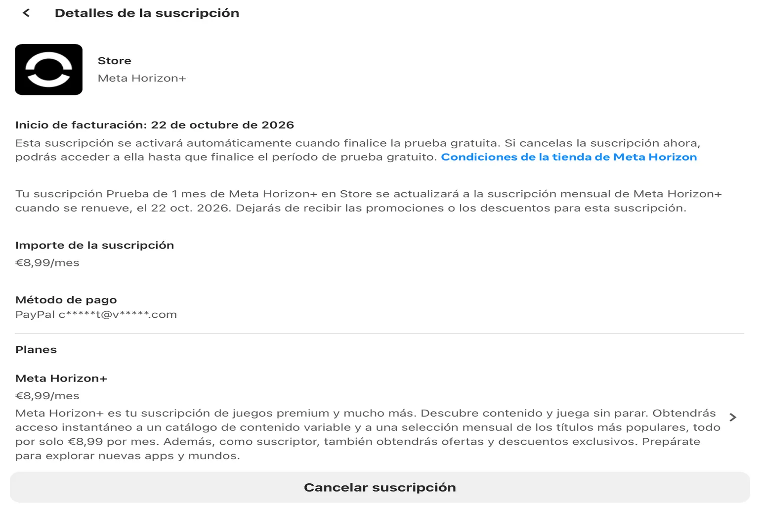 Pantalla de detalles de la suscripción de Meta Horizon+ con el botón Cancelar suscripción en la parte inferior.