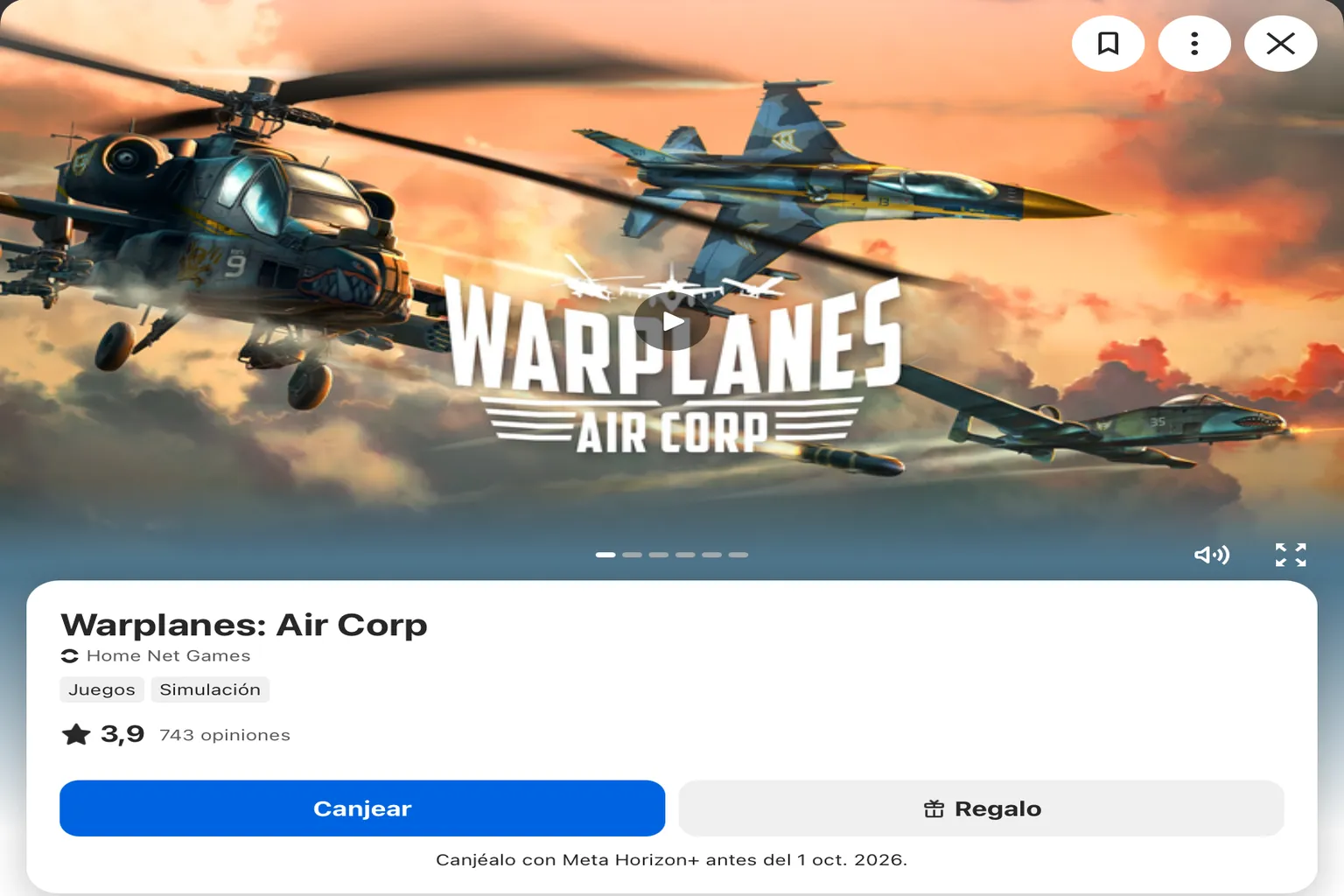 Página de Warplanes: Air Corp en Meta Quest con el botón Canjear disponible mediante Meta Horizon+.