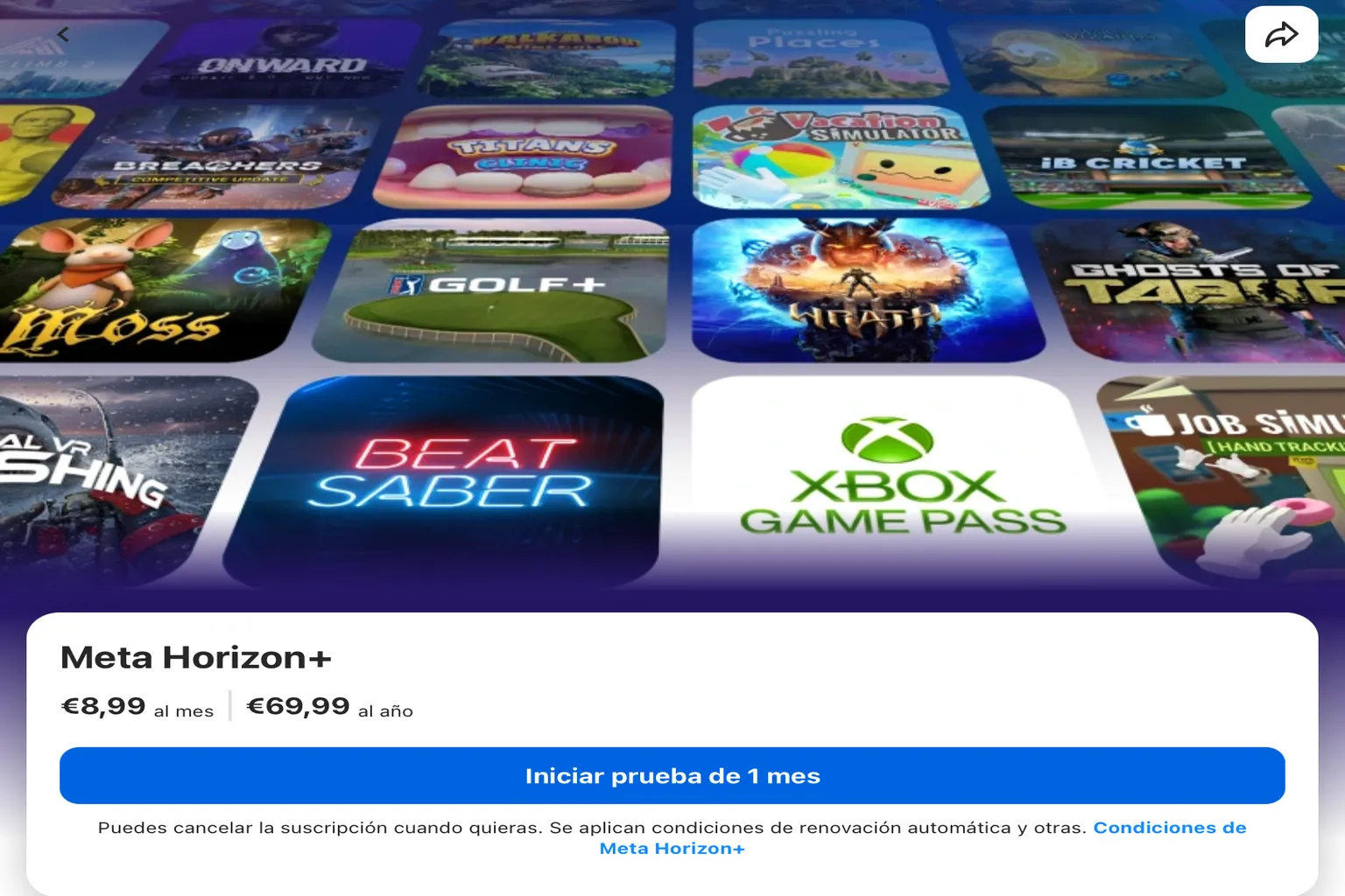 Página de Meta Horizon+ con el precio mensual y anual y el botón para iniciar la prueba gratuita de un mes.