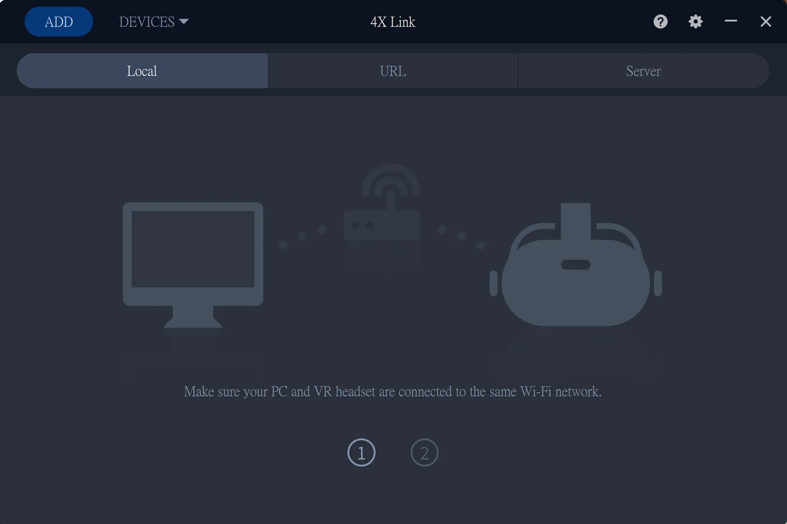 Pantalla Local de 4XLink indicando que el PC y el visor VR deben estar conectados a la misma red Wi-Fi.