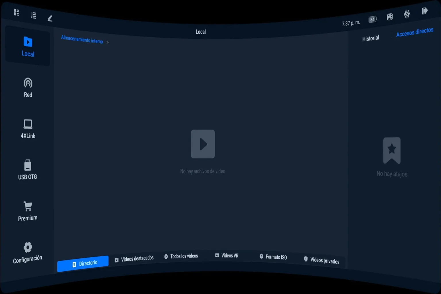 Pantalla Local de 4XVR en Meta Quest con el almacenamiento interno seleccionado y sin archivos de vídeo disponibles.