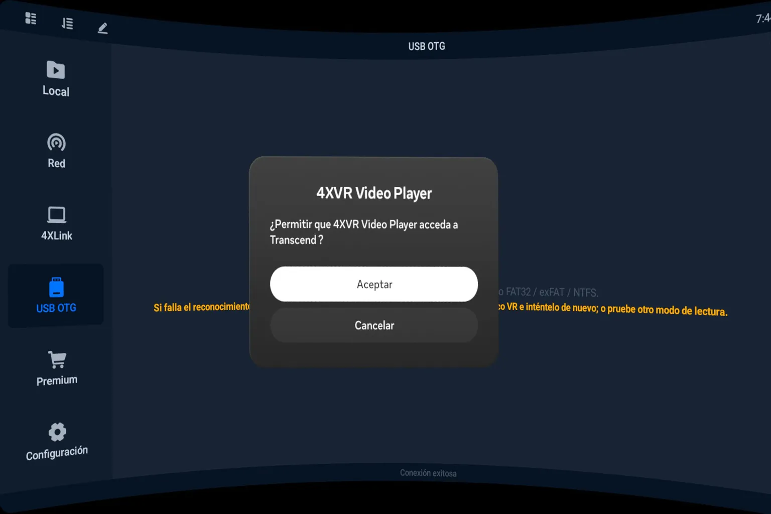 Ventana de permiso en Meta Quest solicitando autorización para que 4XVR Video Player acceda a una unidad USB Transcend.