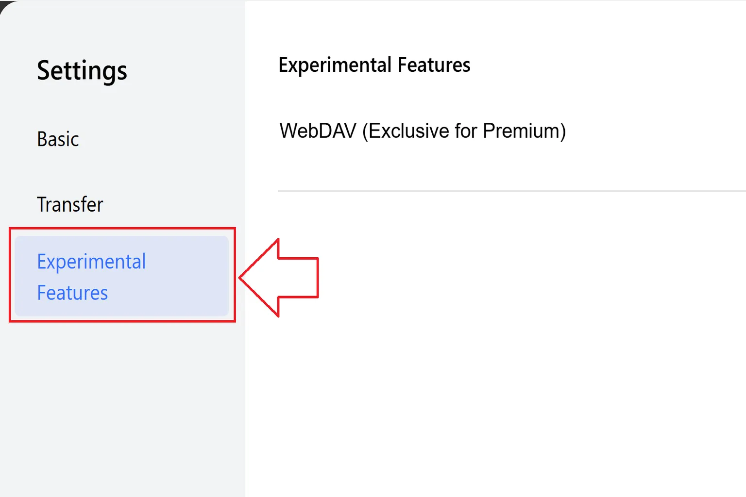 Ajustes de PikPak mostrando WebDAV dentro de la sección Experimental Features para usuarios Premium.