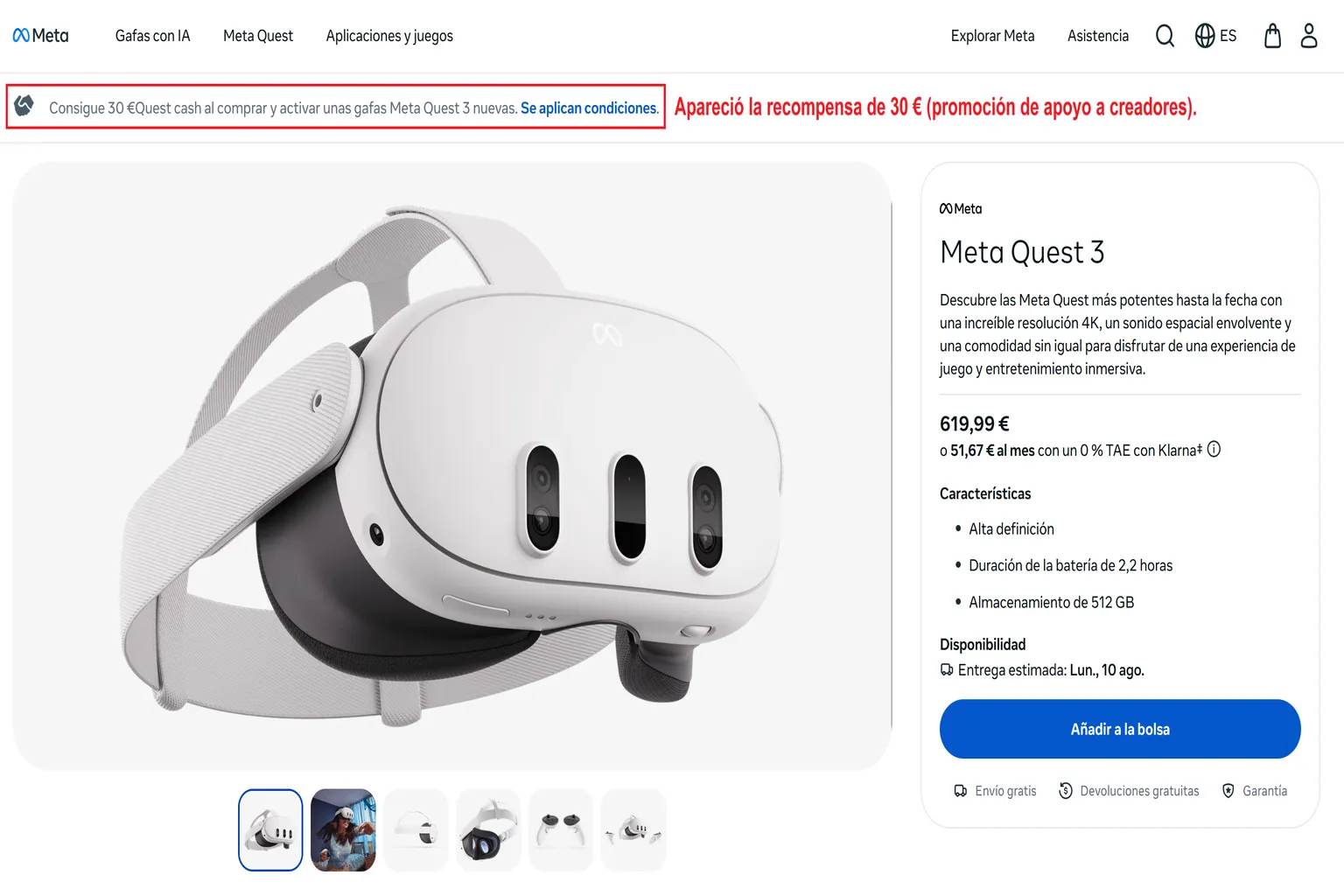 Página de Meta Quest 3 con la promoción de 30 € en Quest Cash para apoyar a creadores.