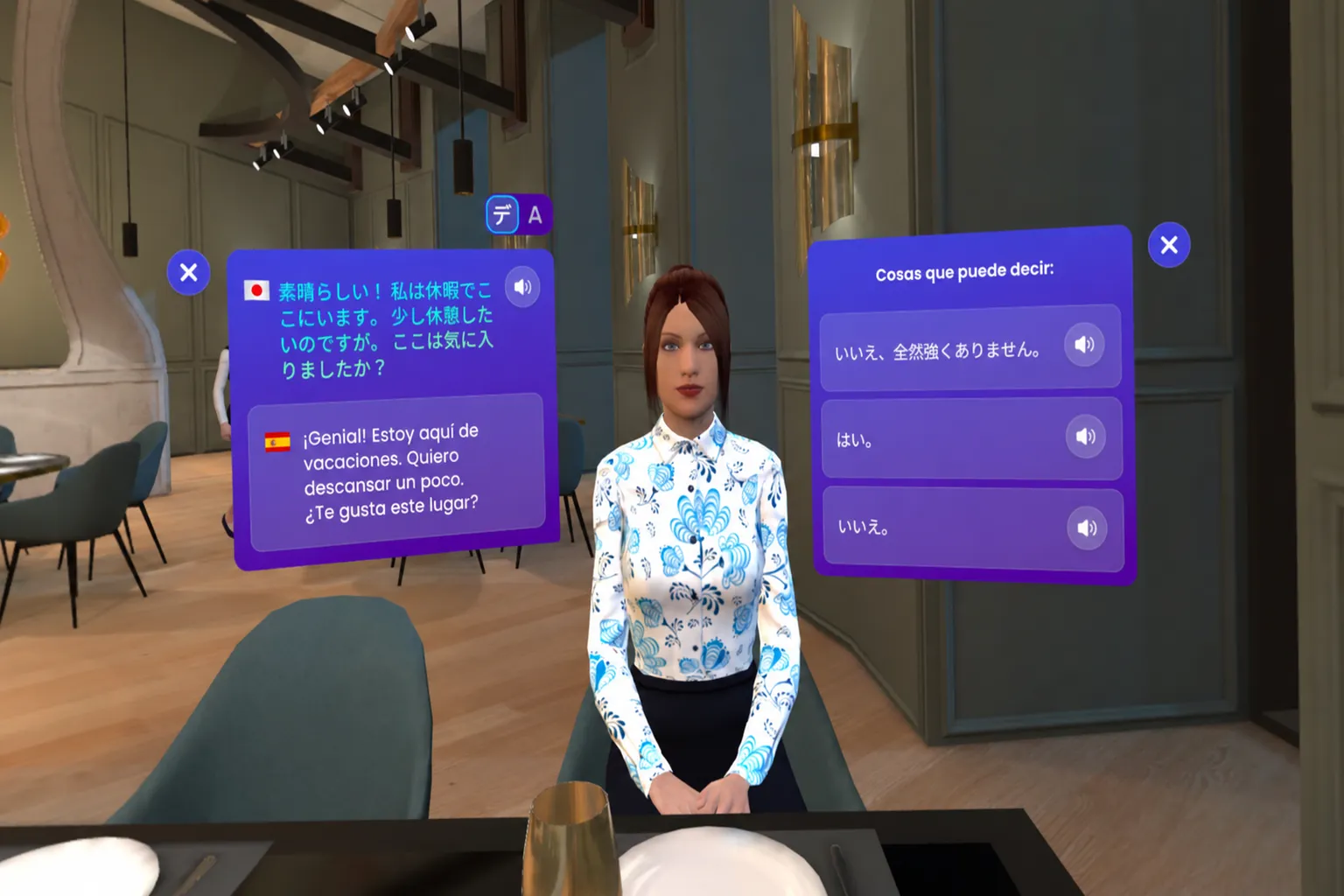 Conversación en Mondly VR con una mujer en un restaurante, practicando frases en japonés con traducciones al español.