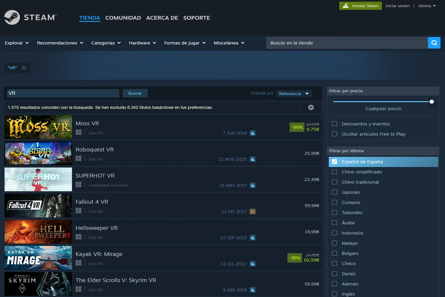 Resultados de búsqueda de juegos VR en Steam con precios y descuentos, usando la interfaz en español.