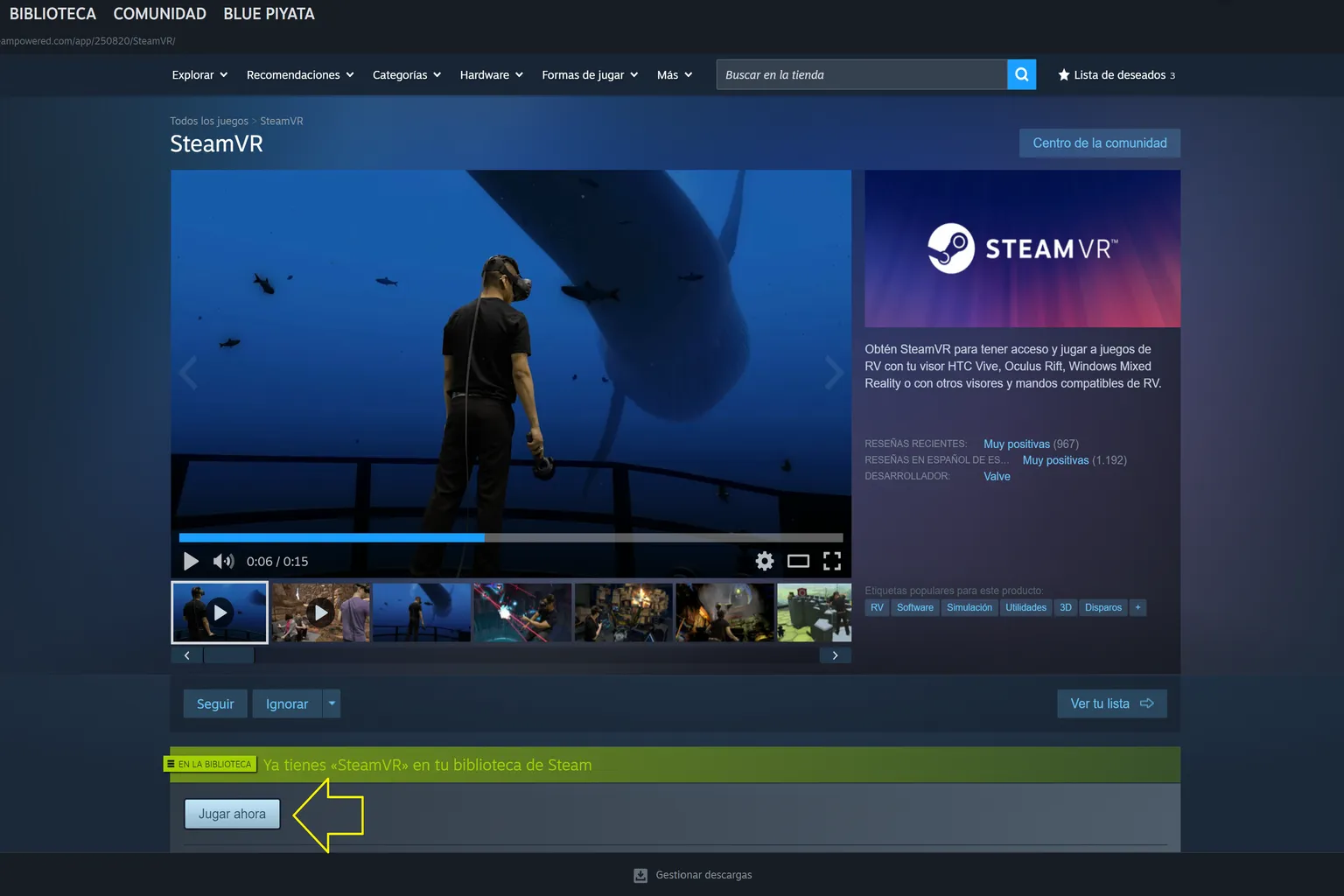 Página de la aplicación en la tienda de Steam con el botón Jugar ahora señalado para iniciar el programa.