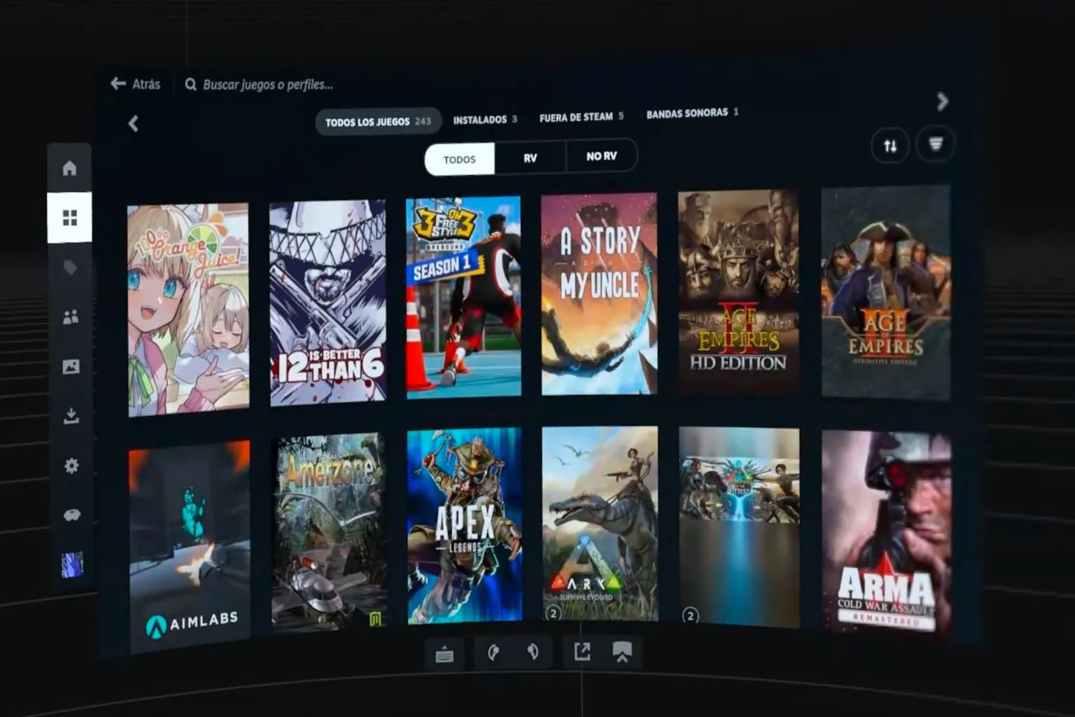 Biblioteca completa con juegos VR y no VR organizados en una cuadrícula de carátulas.