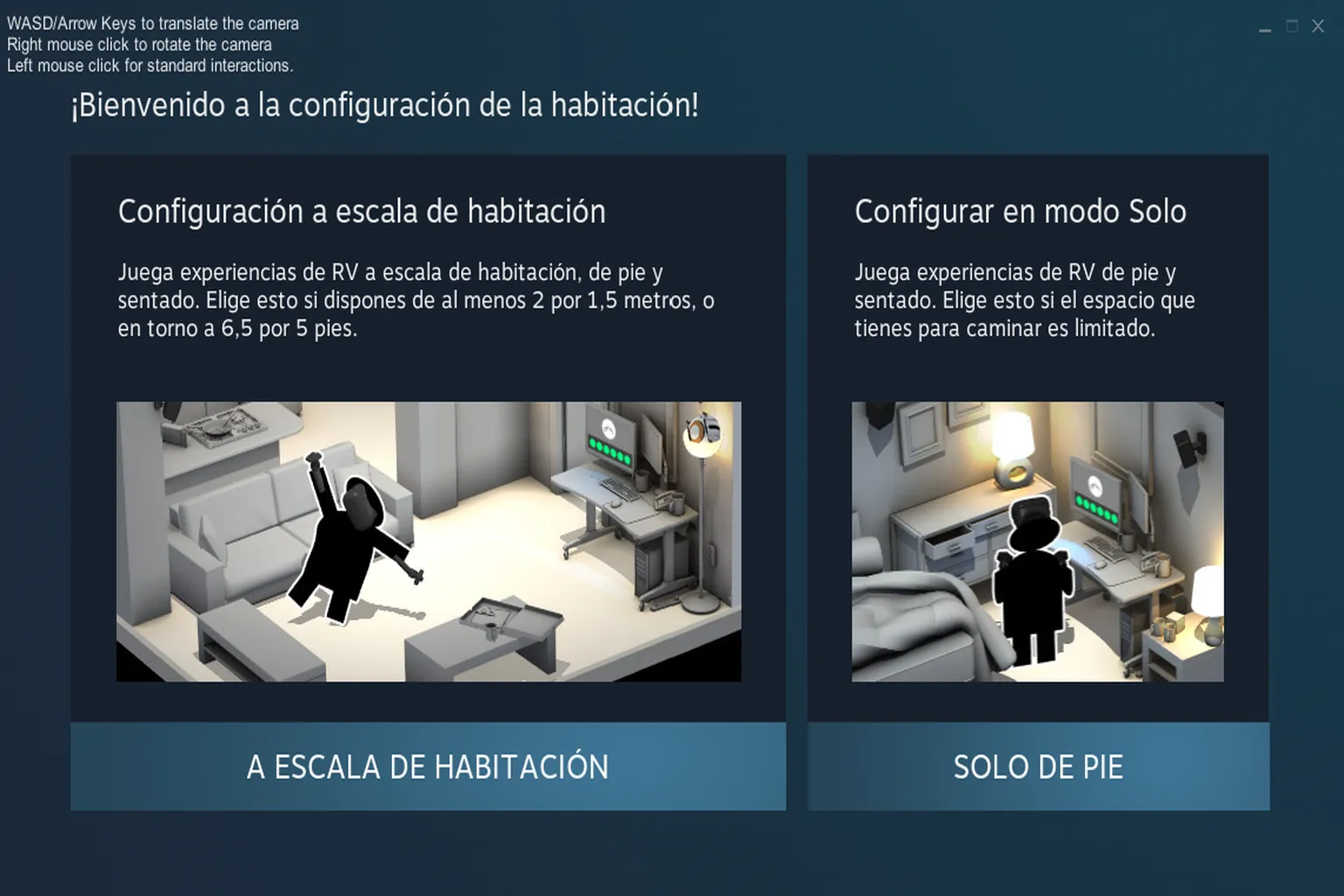 Pantalla de configuración de la habitación para elegir entre escala de habitación o modo de pie.