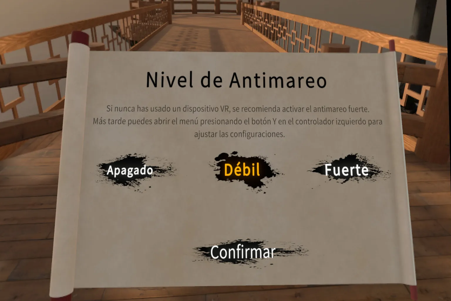 Menú de nivel antimareo de Sword Trip con la opción Débil seleccionada.