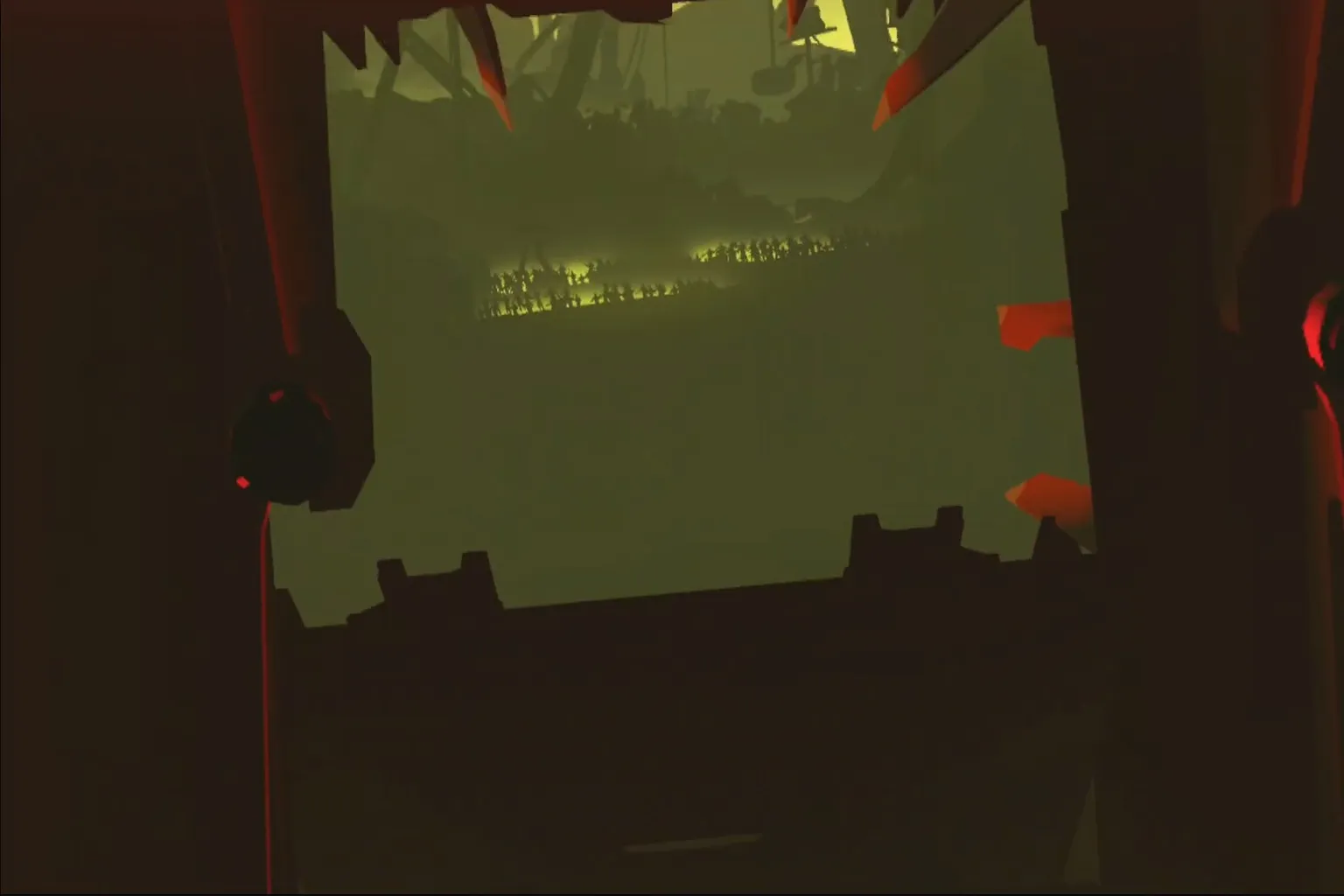 Vista en primera persona desde la cabina del mecha al entrar en la arena.