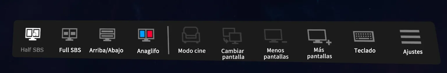 Barra de herramientas de vídeo de Virtual Desktop con modos 3D y opciones de pantalla