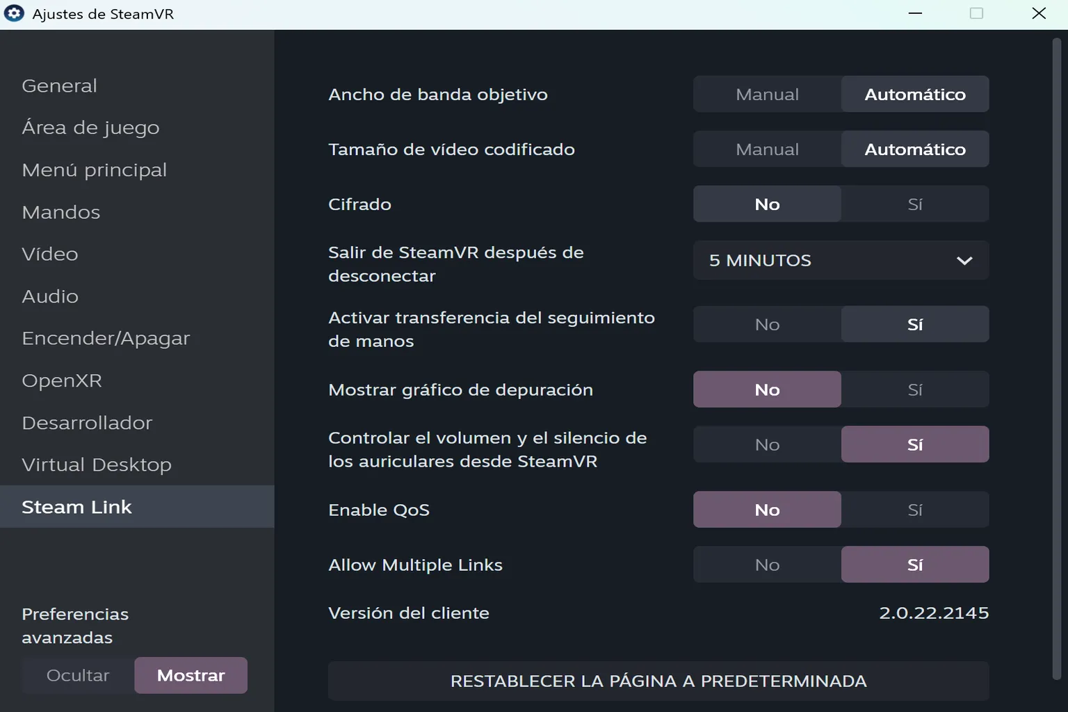 Ajustes de transmisión con opciones de ancho de banda, cifrado, seguimiento de manos y Steam Link.