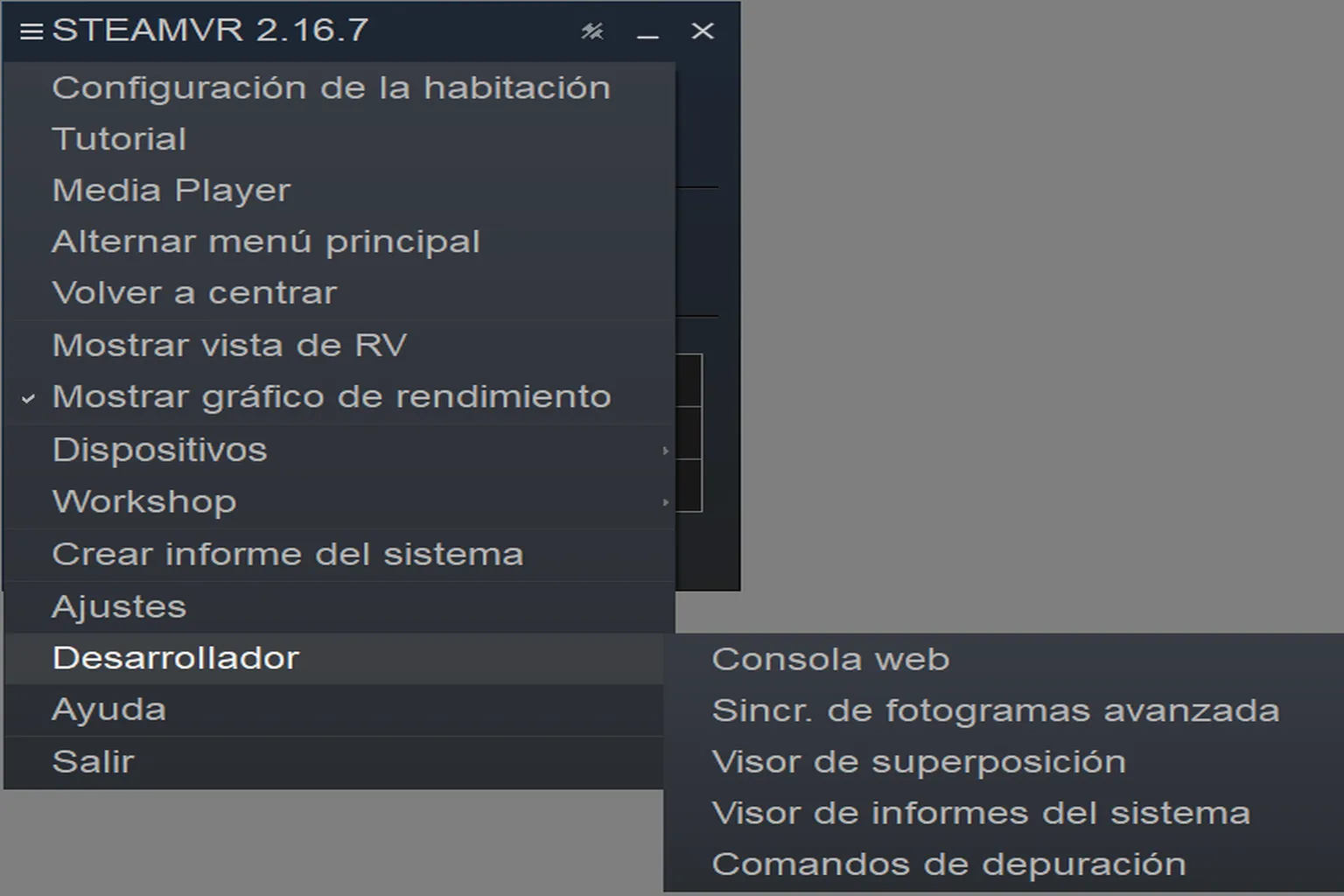 Menú de desarrollador con accesos a consola web, sincronización avanzada de fotogramas, visor de superposición y herramientas de depuración.