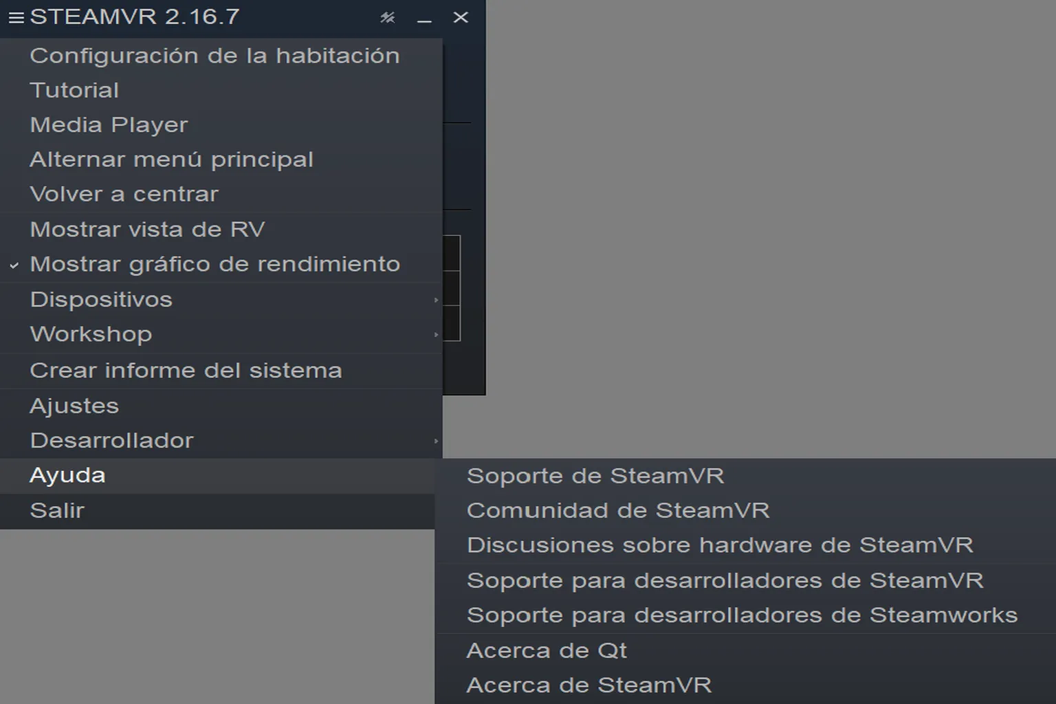 Menú de ayuda con enlaces al soporte, comunidad, discusiones de hardware y recursos para desarrolladores.