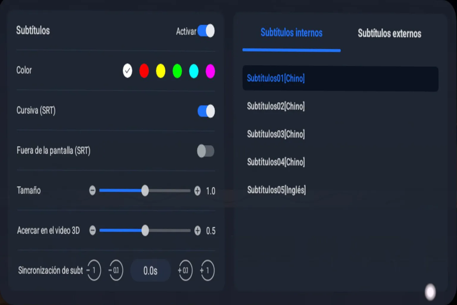 Ajustes de subtítulos de 4XVR Video Player con opciones de color, tamaño, sincronización y selección de subtítulos internos o externos.
