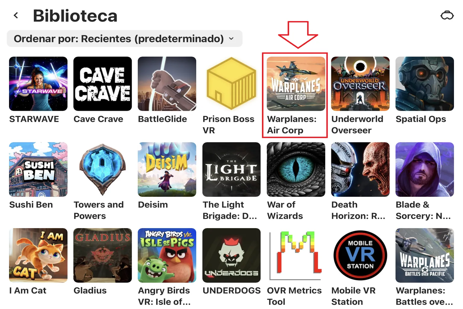 Biblioteca de Meta Quest después de canjear un juego de Meta Horizon+, con Warplanes: Air Corp entre los títulos añadidos.