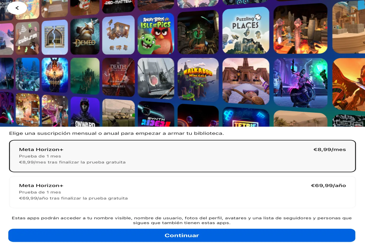 Pantalla de Meta Horizon+ para elegir entre el plan mensual de 8,99 € y el plan anual de 69,99 €.
