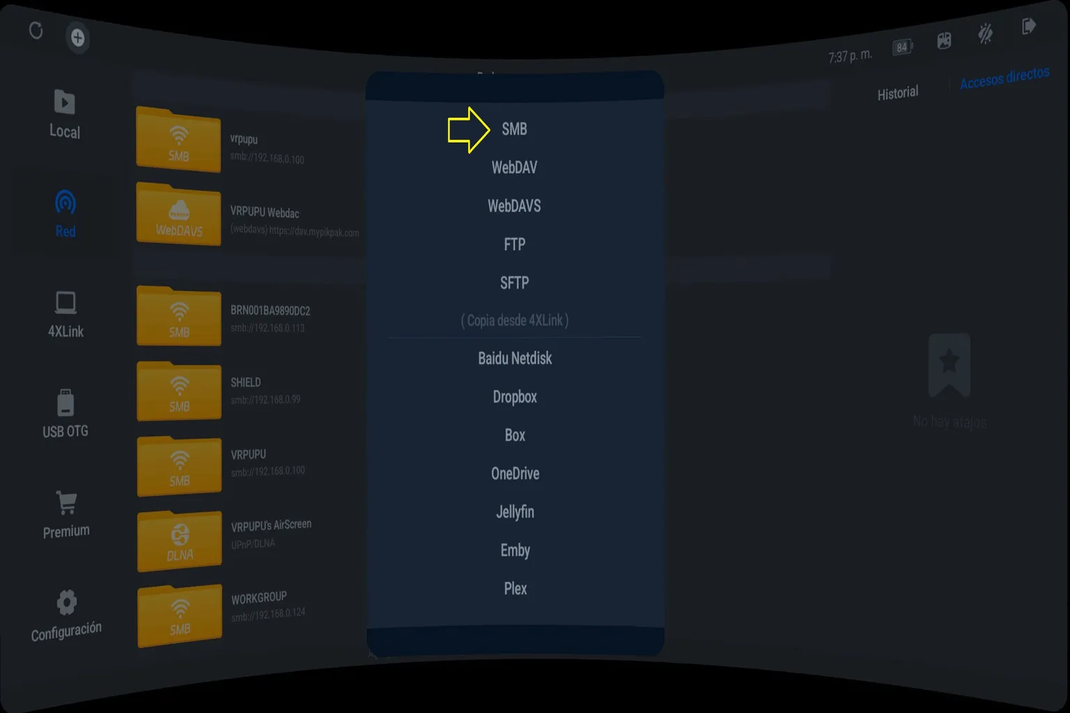 Menú de 4XVR en Meta Quest para añadir almacenamiento de red mediante SMB, WebDAV, FTP y otros servicios.