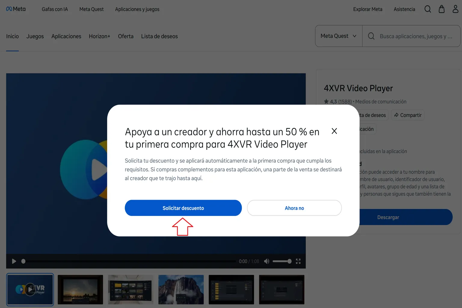 Ventana de Meta Quest para solicitar el descuento del 50 % de 4XVR Video Player