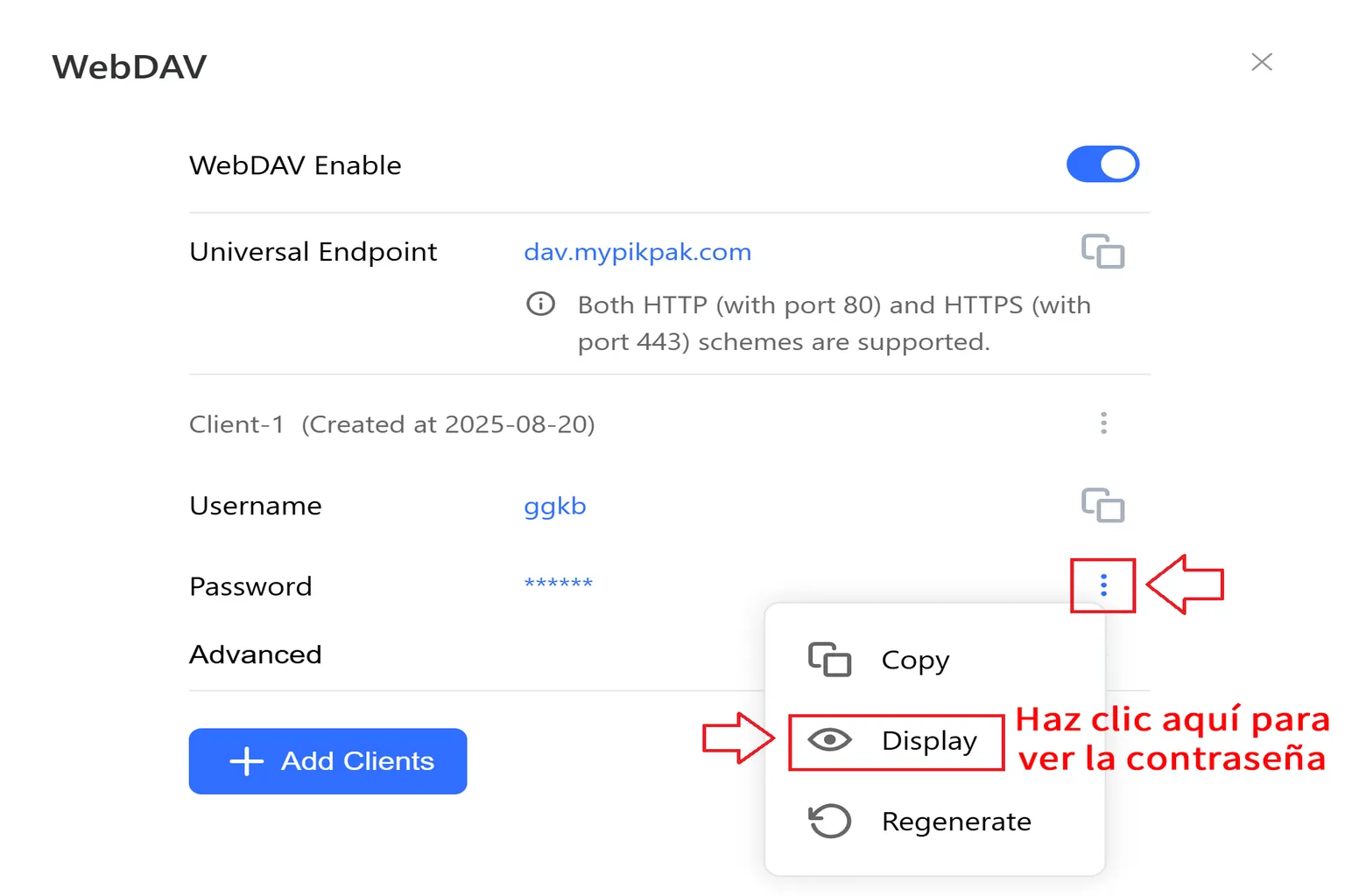 Configuración WebDAV de PikPak mostrando el servidor, el nombre de usuario y la opción para visualizar la contraseña.