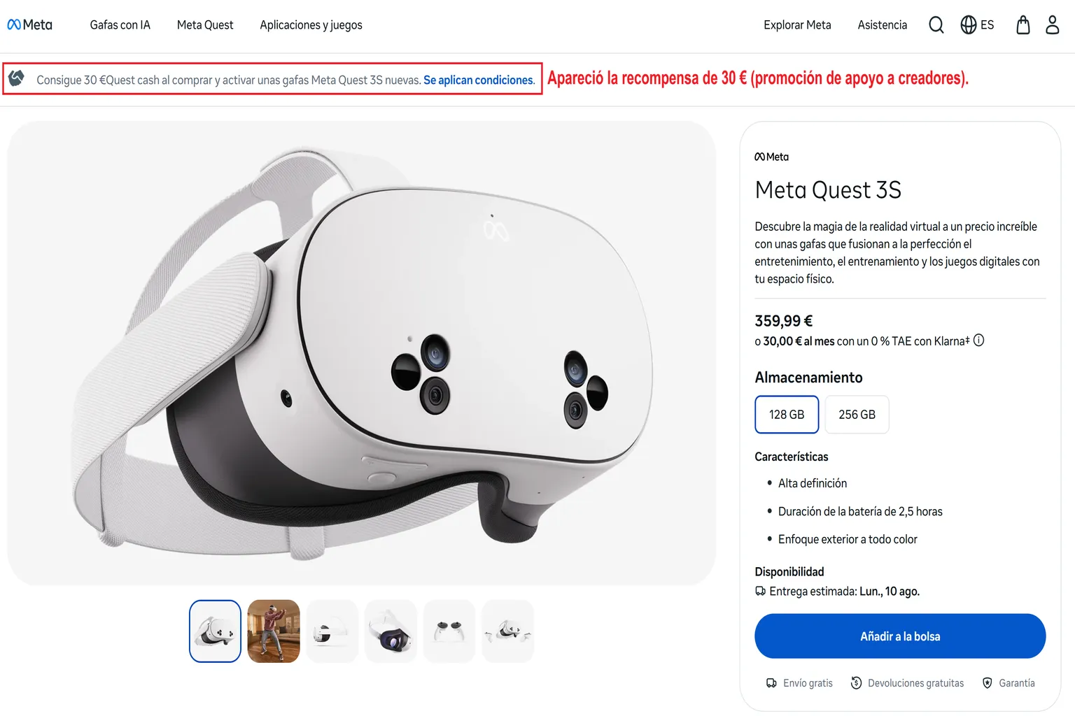 Bolsa de compra de Meta Quest 3 con el mensaje de 30 € en Quest Cash incluidos.