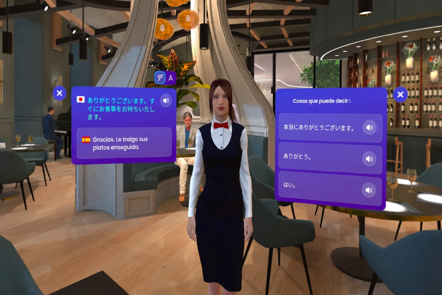 Conversación con una camarera en un restaurante de Mondly VR, con frases en japonés y traducciones al español.