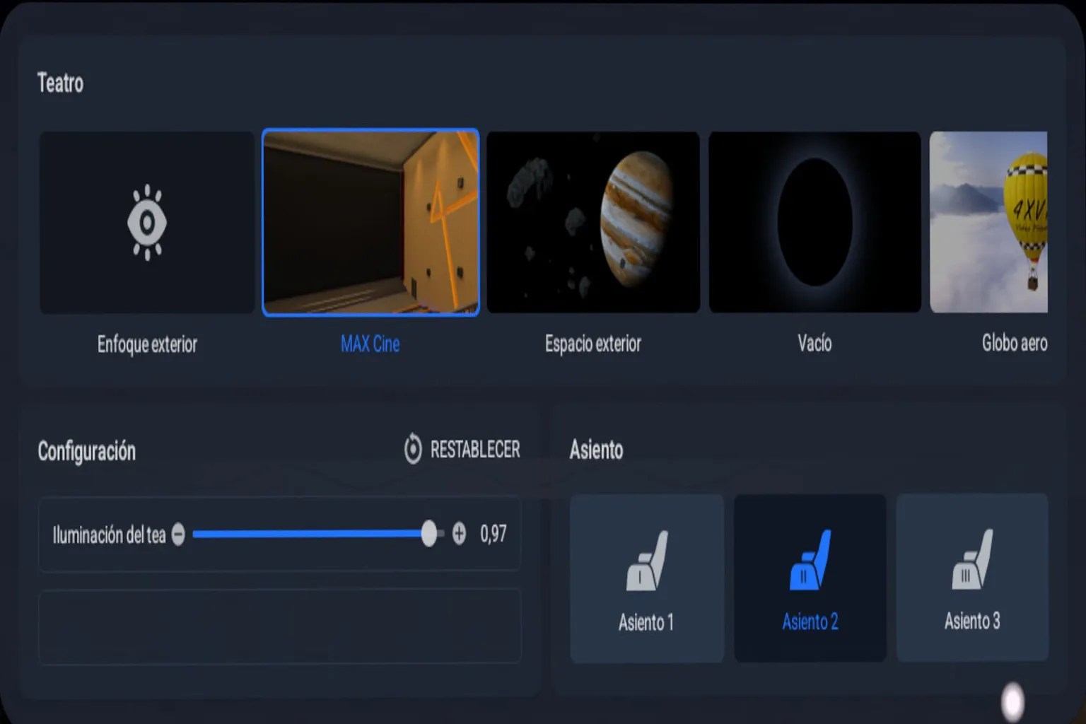 Menú de 4XVR Video Player para elegir el entorno virtual, la iluminación del teatro y la posición del asiento.