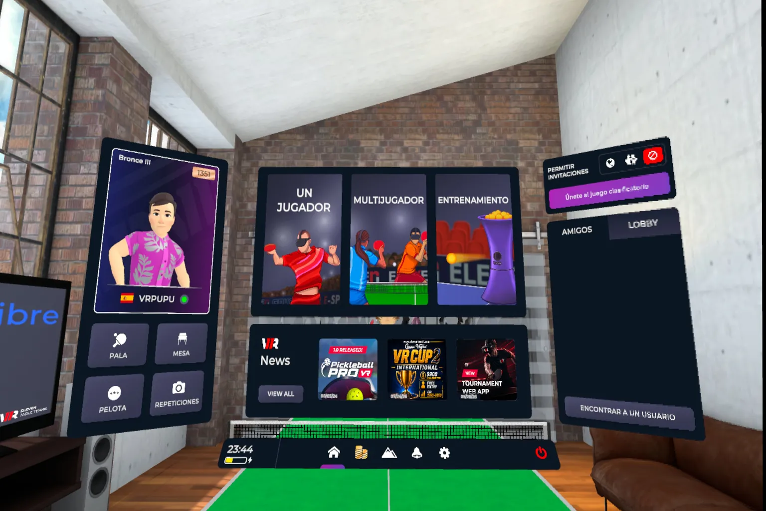 Menú principal de Eleven Table Tennis VR con modos para un jugador, multijugador y entrenamiento